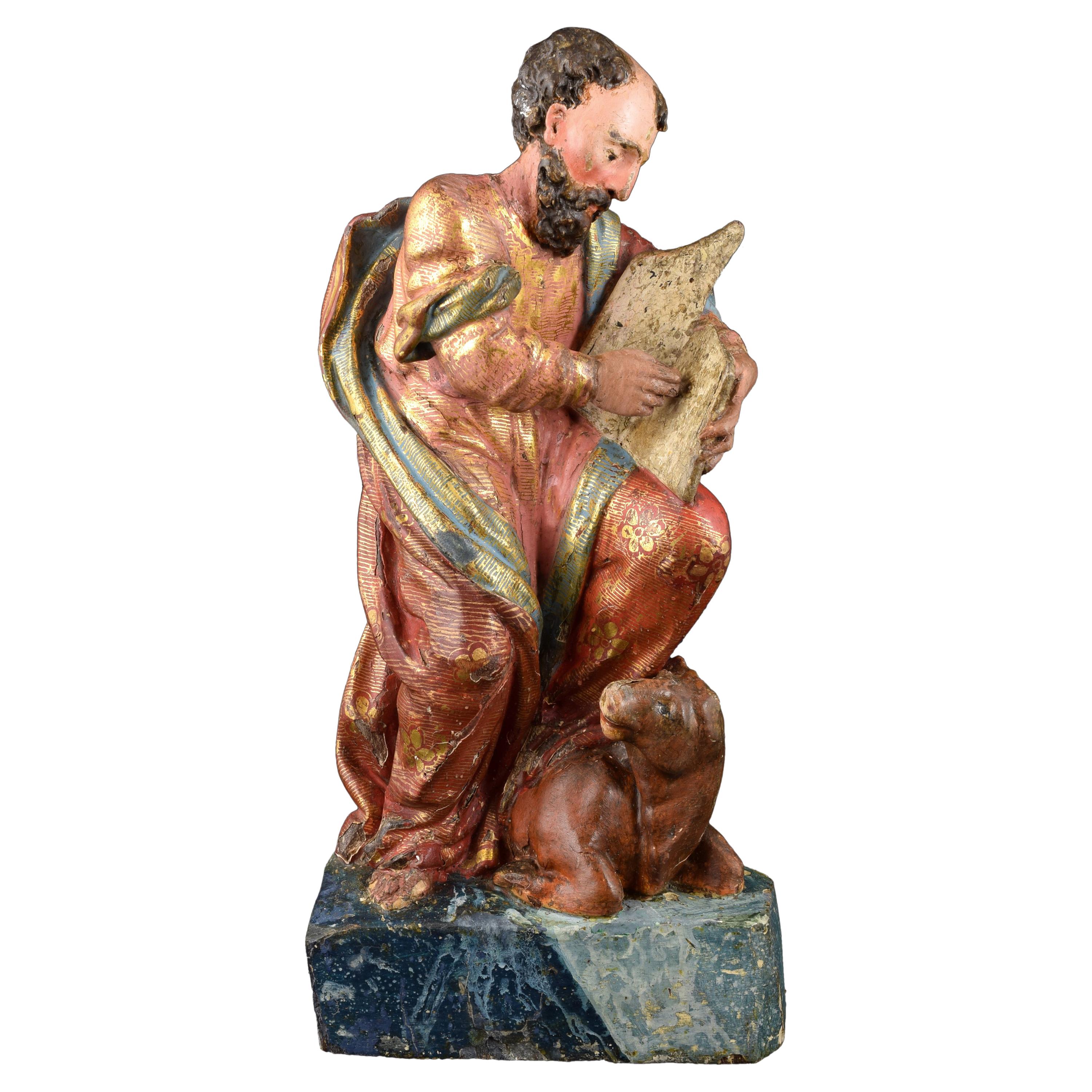 „Saint Luke der Evangelist“, polychromiertes Holz, 16. Jahrhundert im Angebot