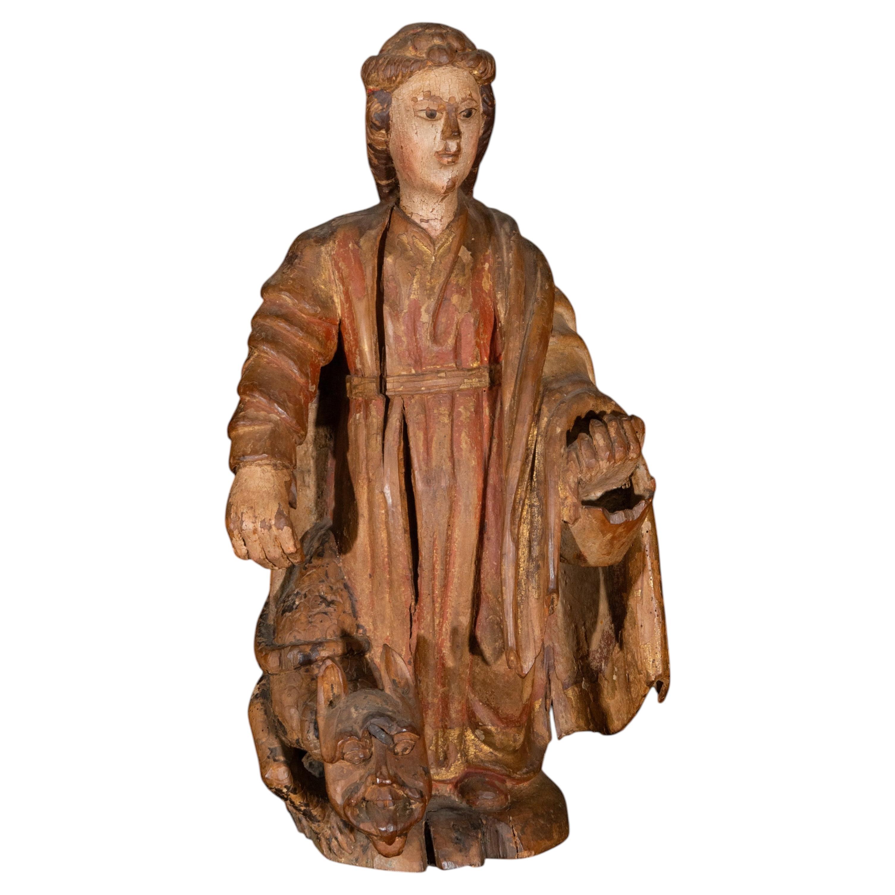 Saint Margaret of Antioch, Spanish Gothic Carved Figure, 16th Century For Sale