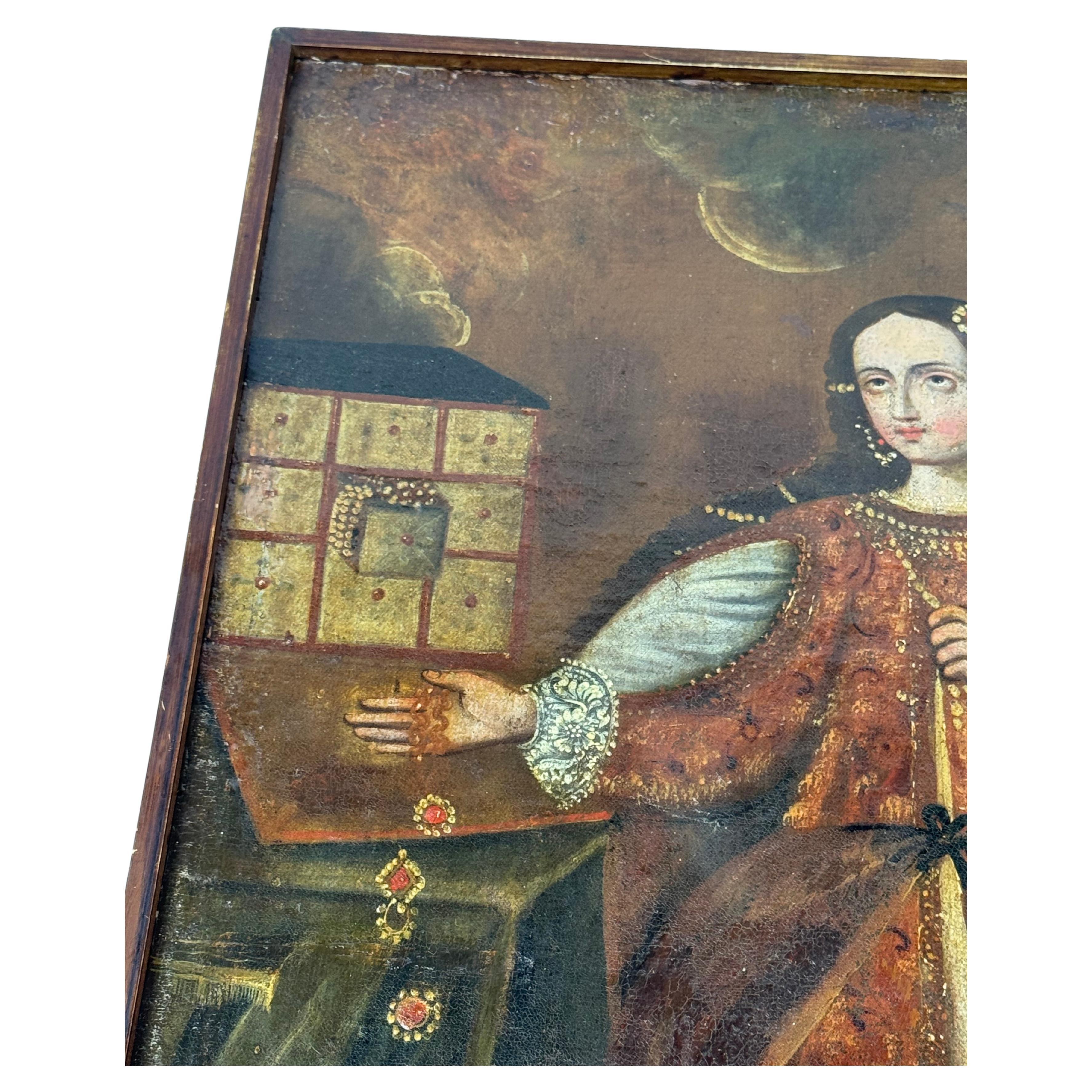 Uno squisito dipinto a olio di epoca coloniale spagnola del XVIII secolo, che raffigura Santa Maria Maddalena in una composizione ricca di dettagli. Questo pezzo mostra il caratteristico stile della Scuola di Cuzco, con un'enfasi su ornamenti