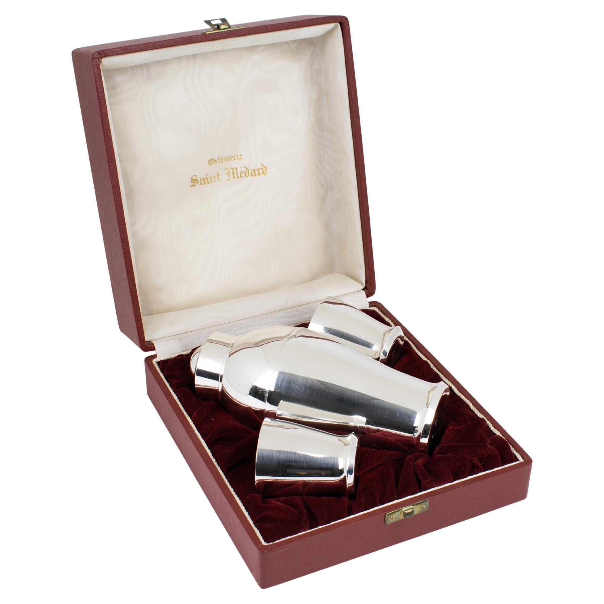 Saint Medard Art Deco Silver Plate Baby Cocktail Shaker and One-shot Glasses