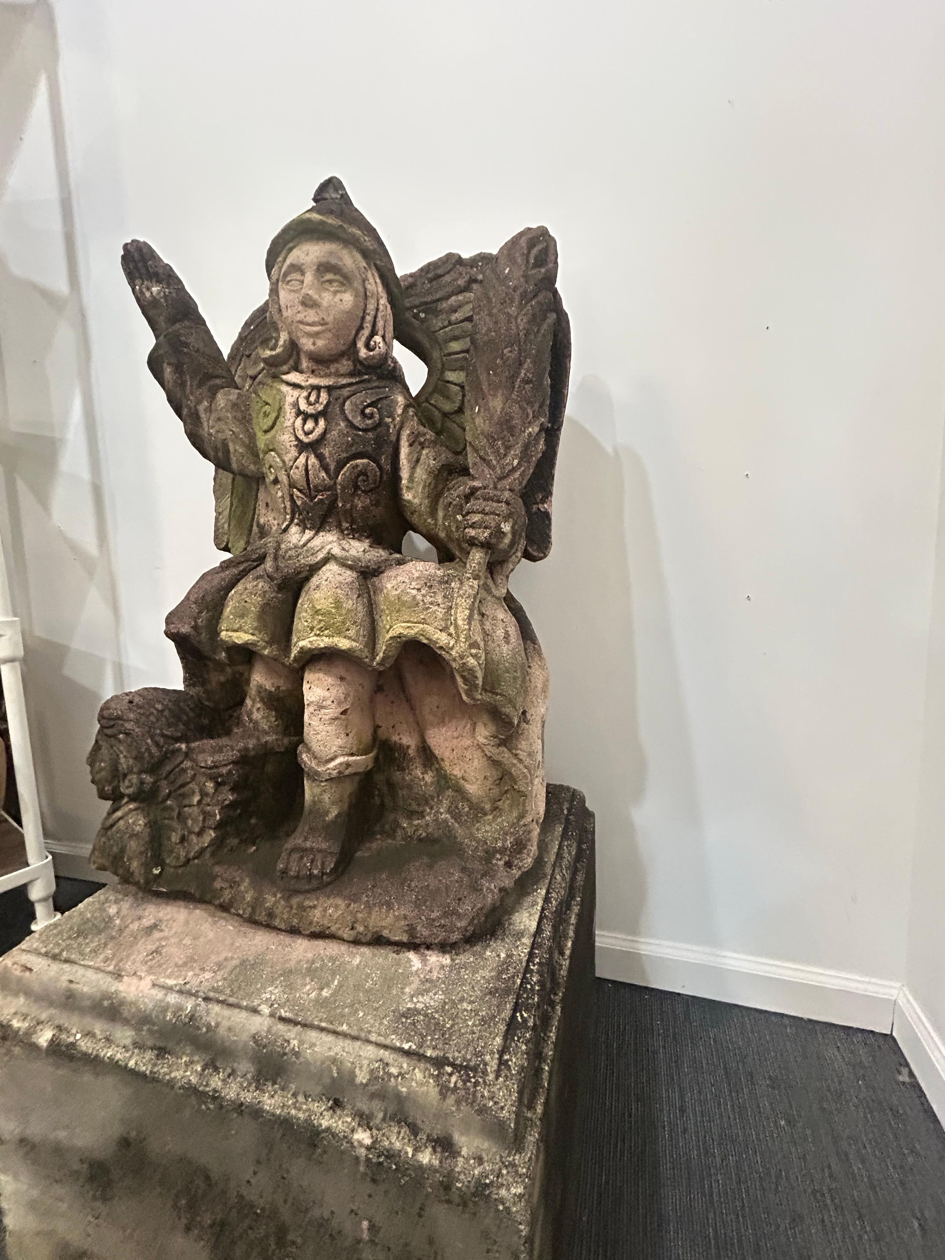 Saint Michael large cast Stone  garden figure In Good Condition For Sale In West Palm Beach, FL