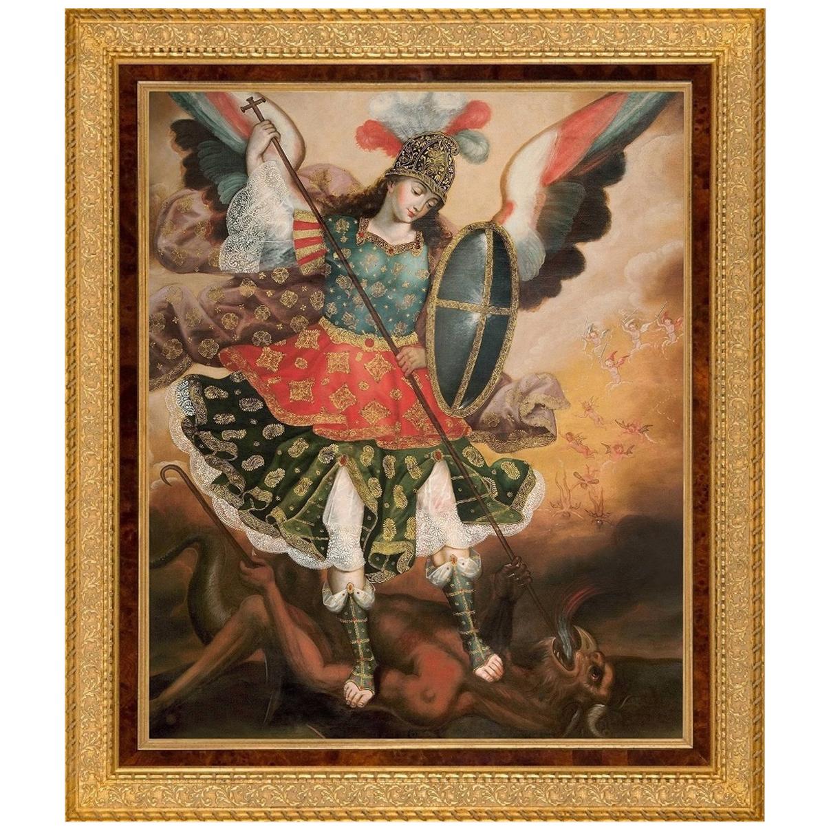 Saint Michael the Archangel, after Spanish Colonial Oil Painting, Cuzco School For Sale