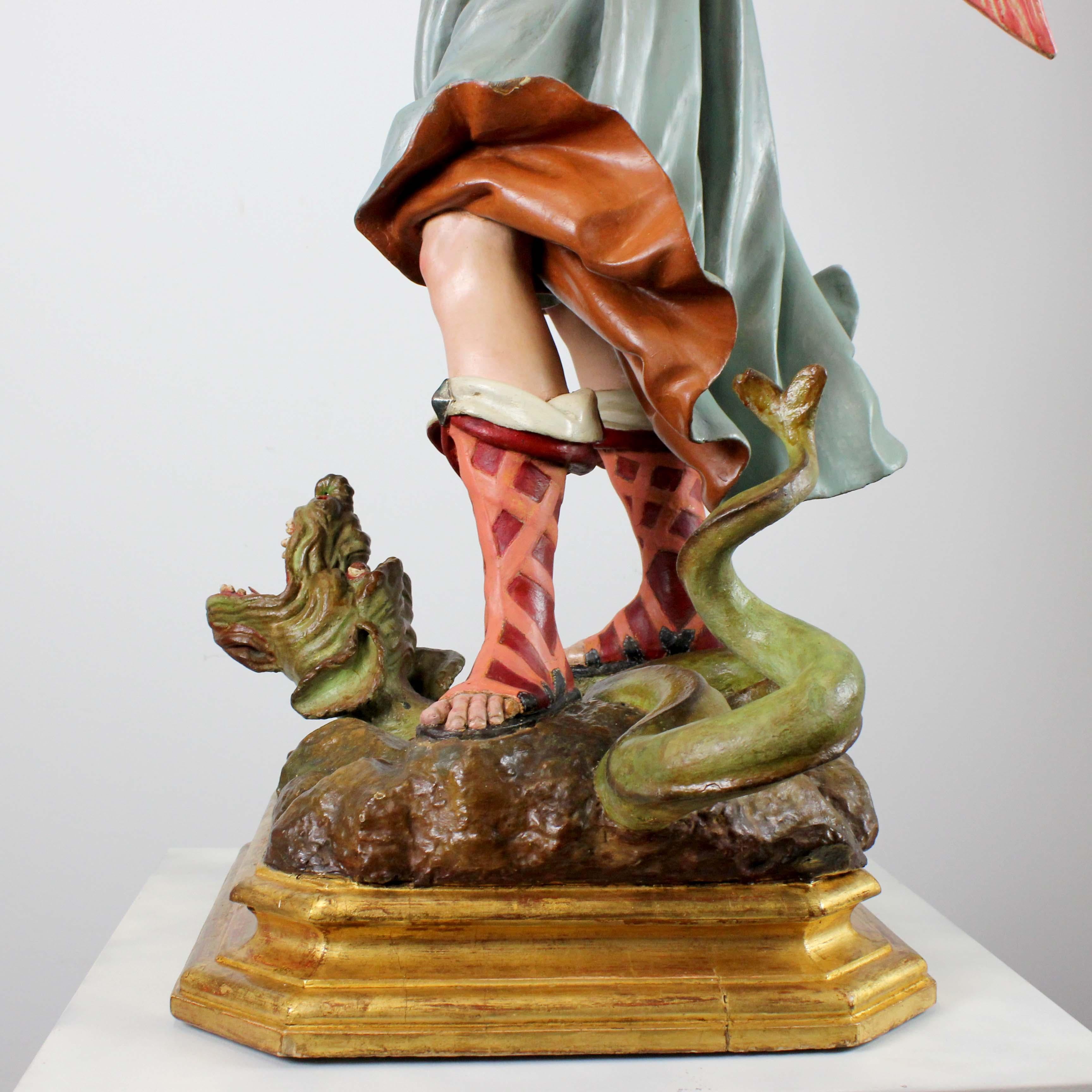 Saint Michael the Archangel, polychrome carved wood, attributed to L.S. Carmona For Sale 2
