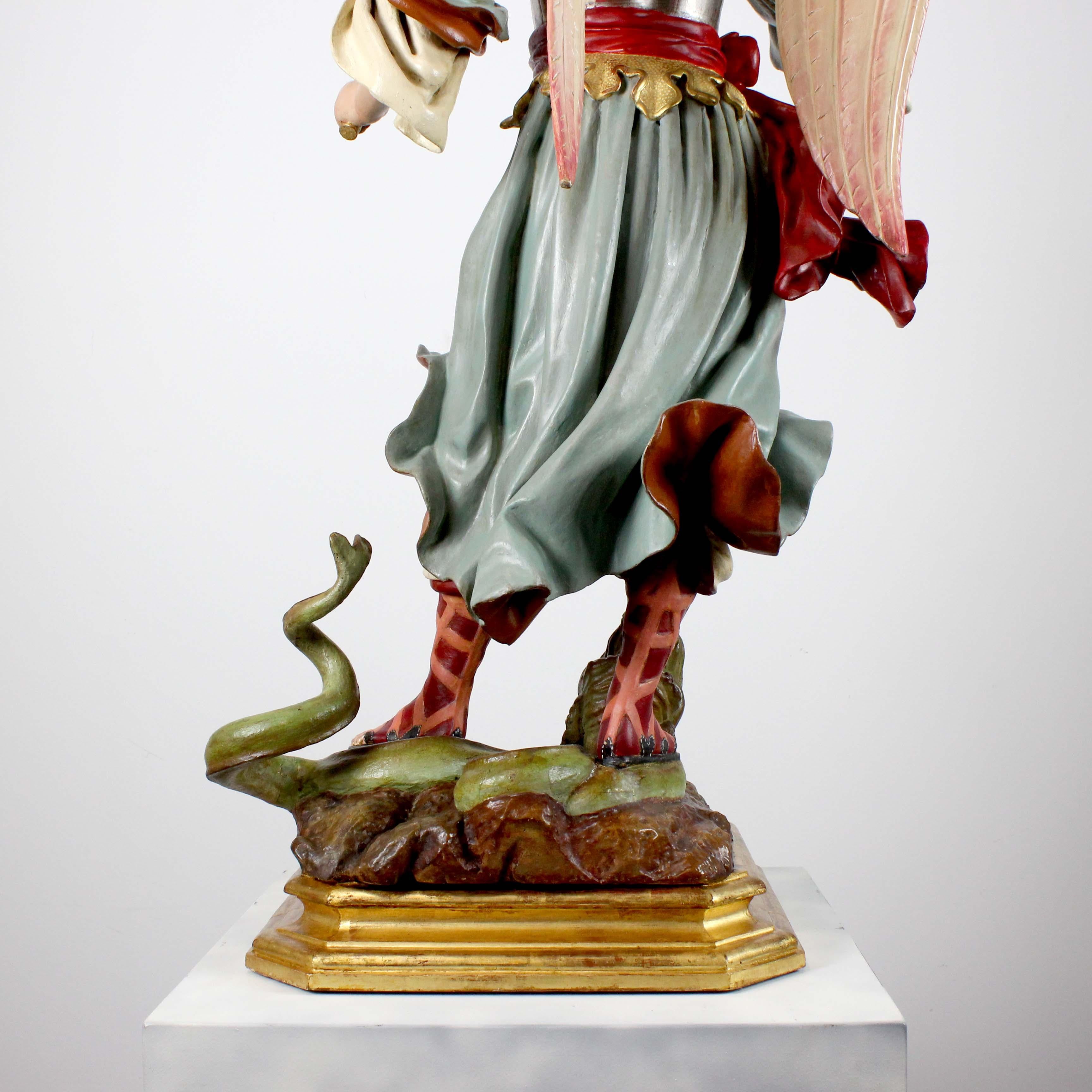 Saint Michael the Archangel, polychrome carved wood, attributed to L.S. Carmona For Sale 4