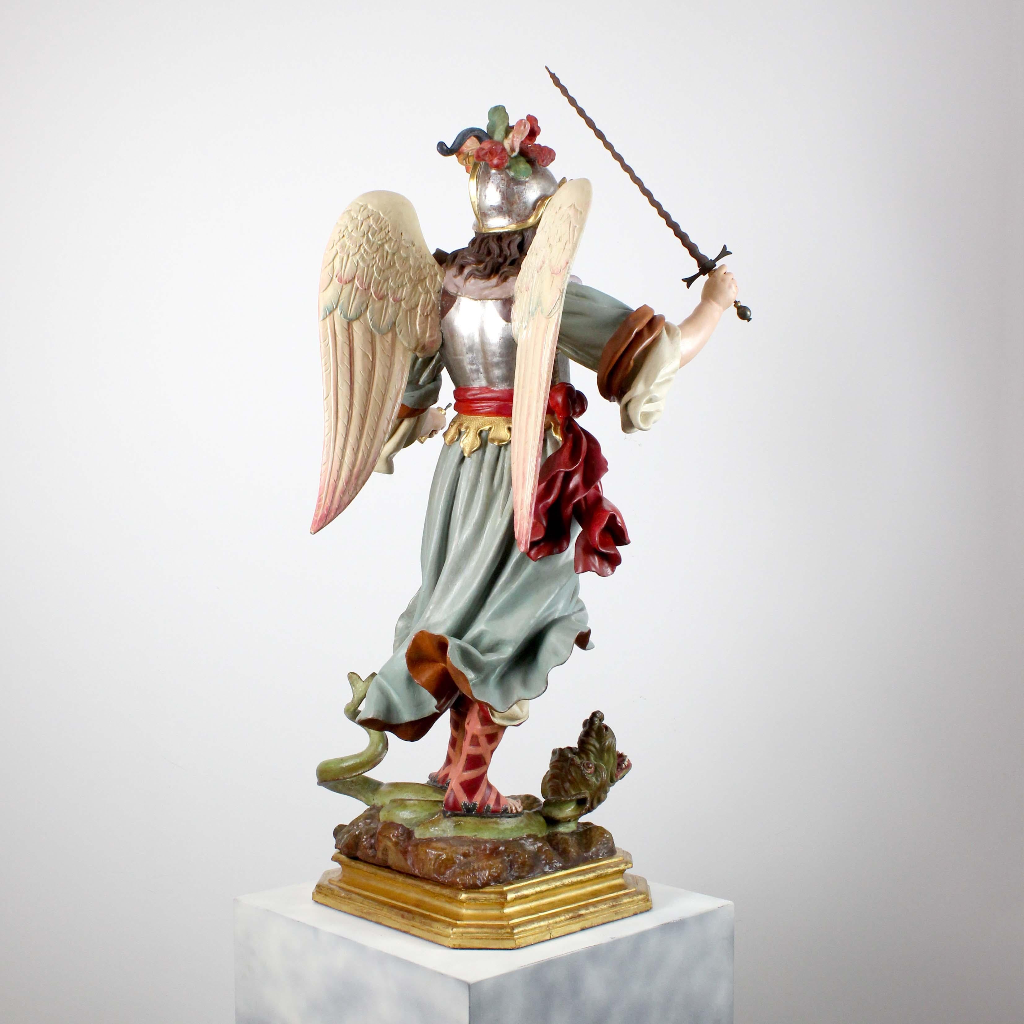 Saint Michael the Archangel, polychrome carved wood, attributed to L.S. Carmona For Sale 5