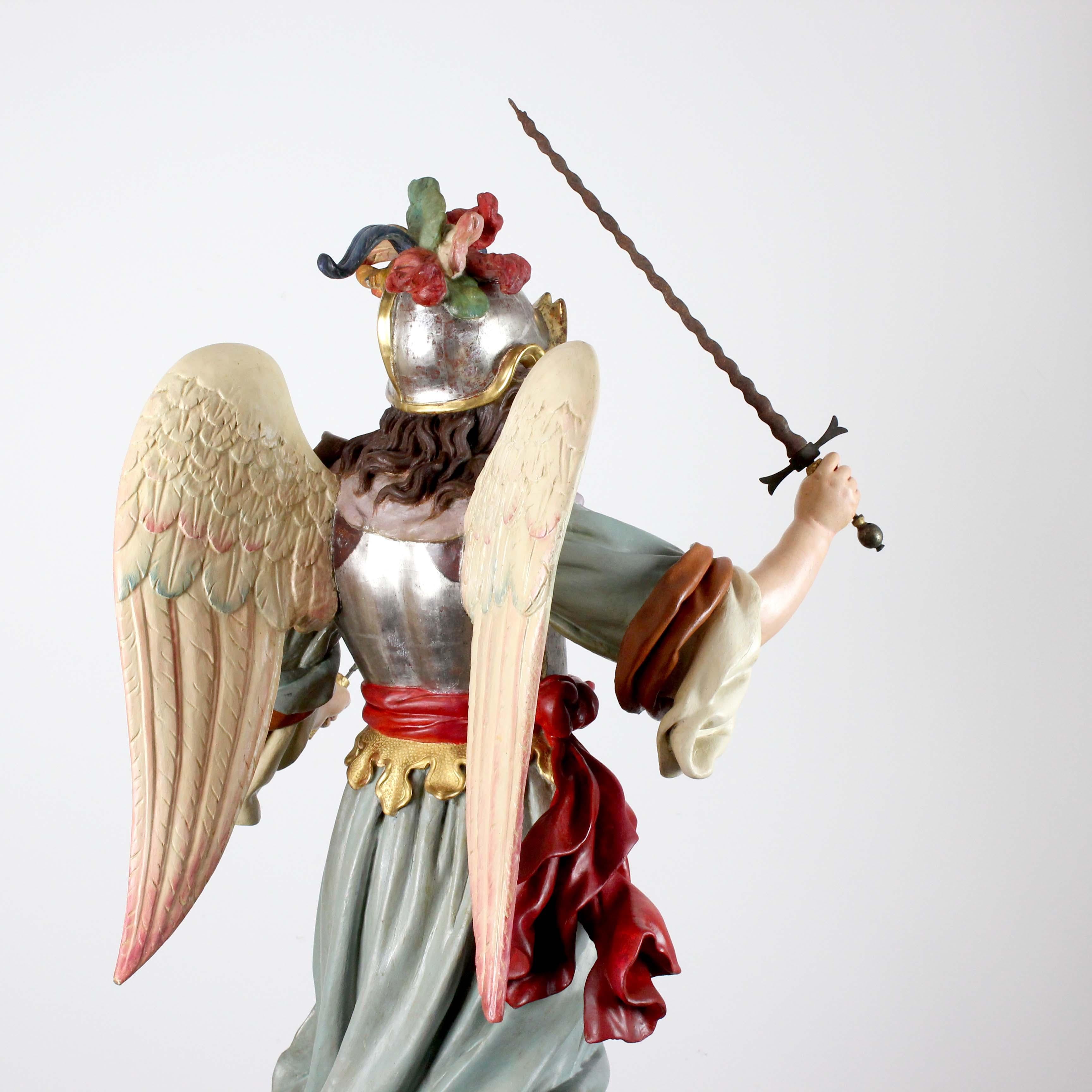 Saint Michael the Archangel, polychrome carved wood, attributed to L.S. Carmona For Sale 6