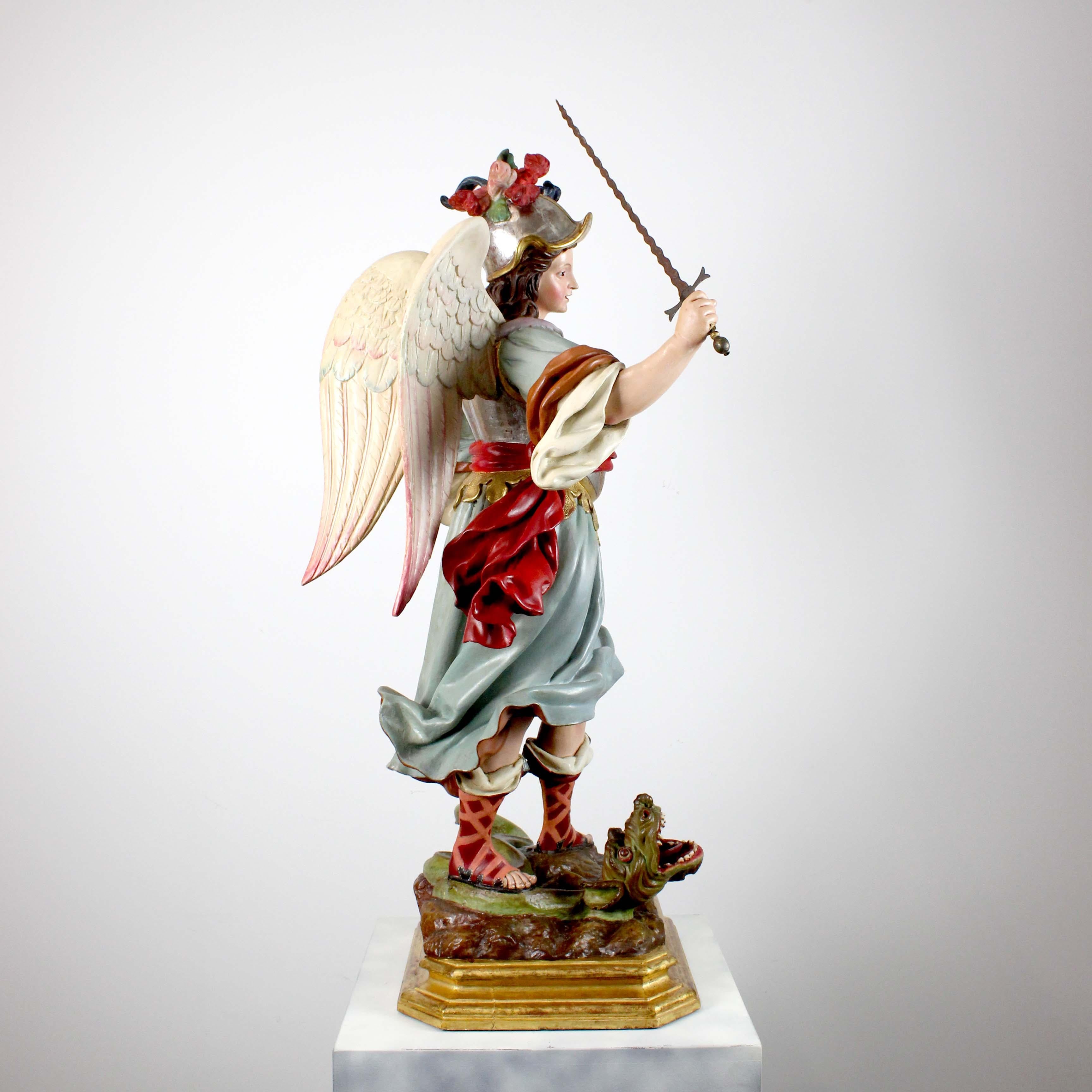 Saint Michael the Archangel, polychrome carved wood, attributed to L.S. Carmona For Sale 7