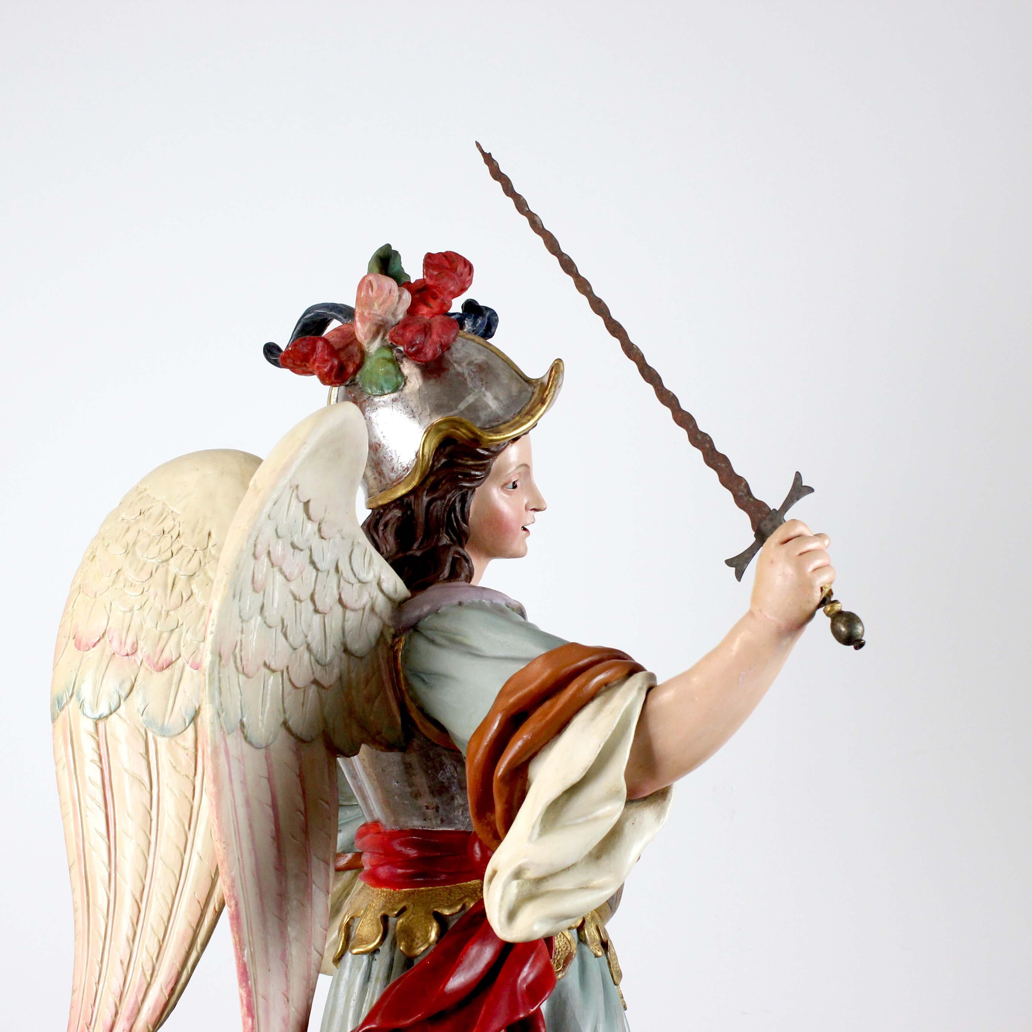 Saint Michael the Archangel, polychrome carved wood, attributed to L.S. Carmona For Sale 8