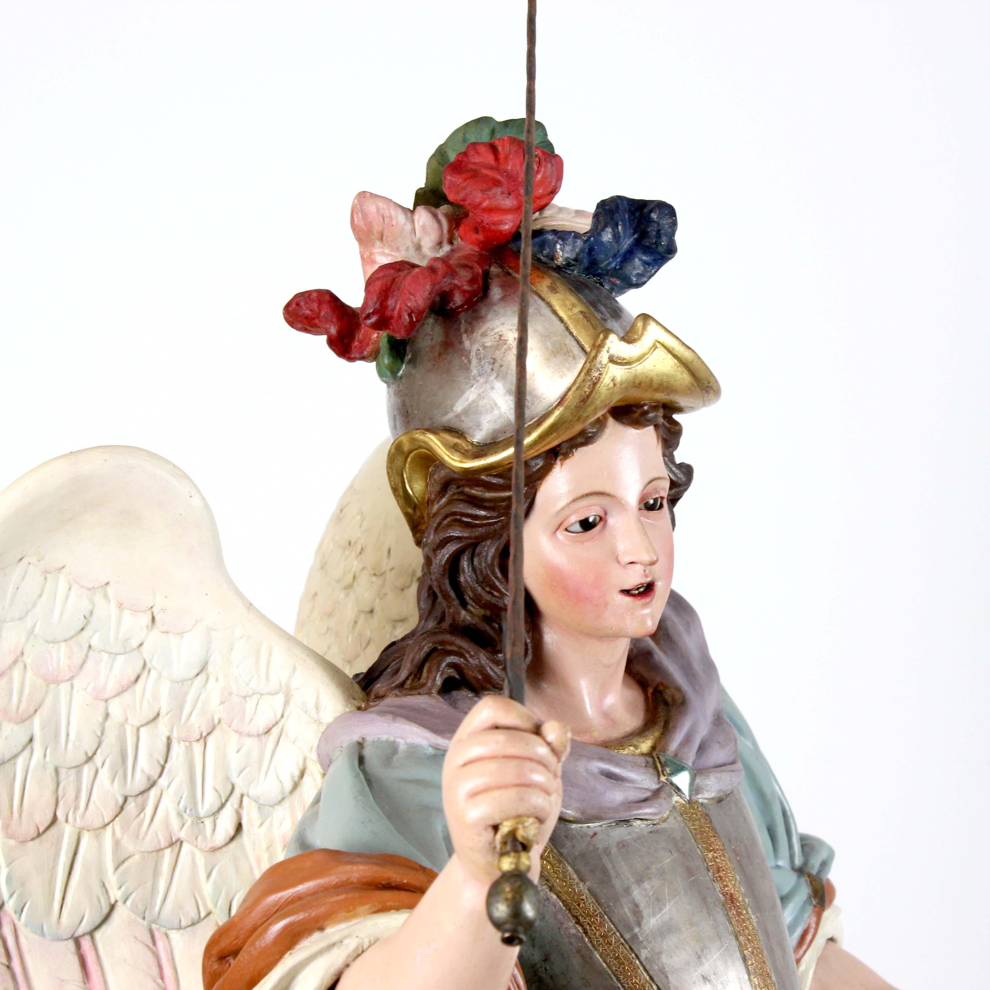 Saint Michael the Archangel, polychrome carved wood, attributed to L.S. Carmona For Sale 9