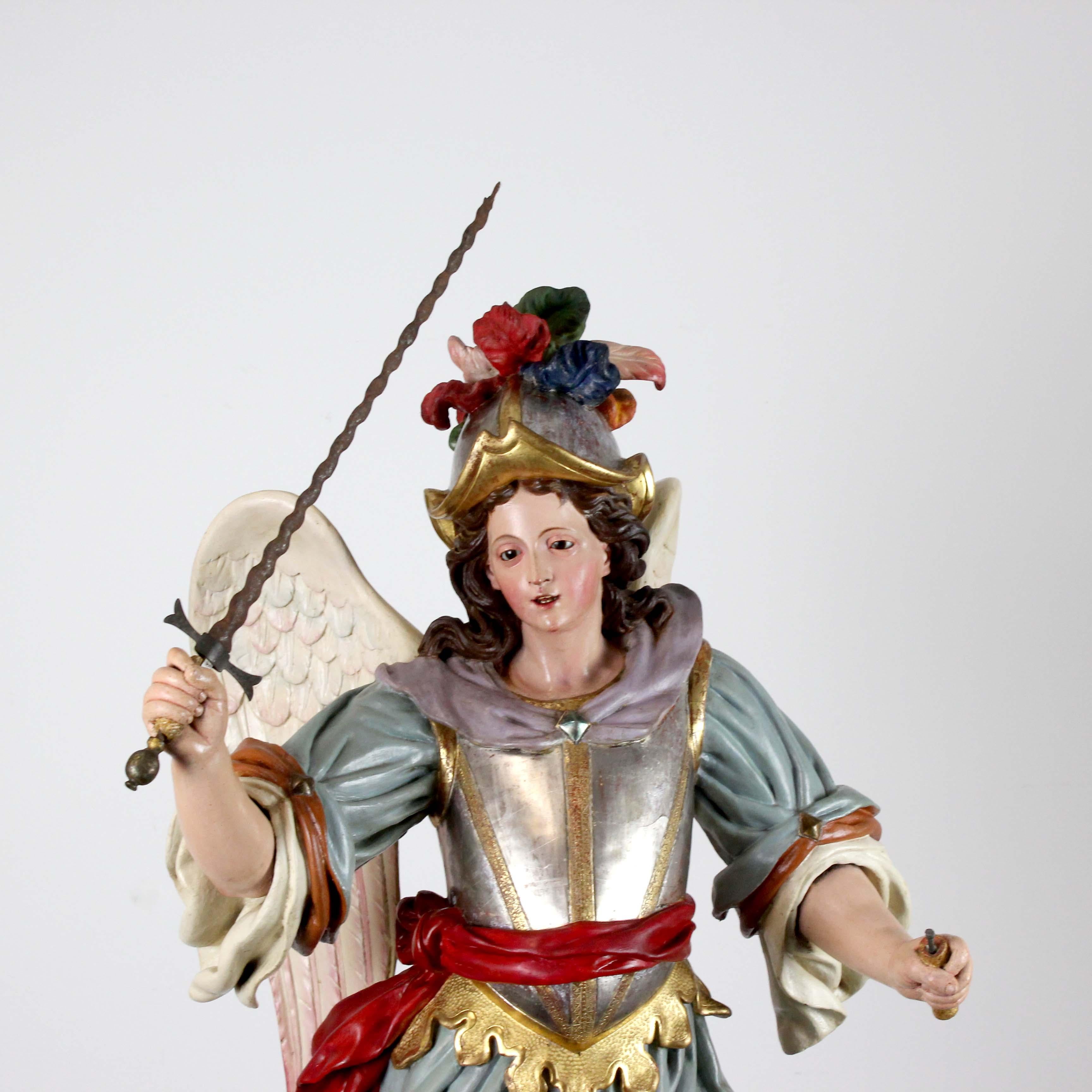 Baroque Saint Michael the Archangel, polychrome carved wood, attributed to L.S. Carmona For Sale