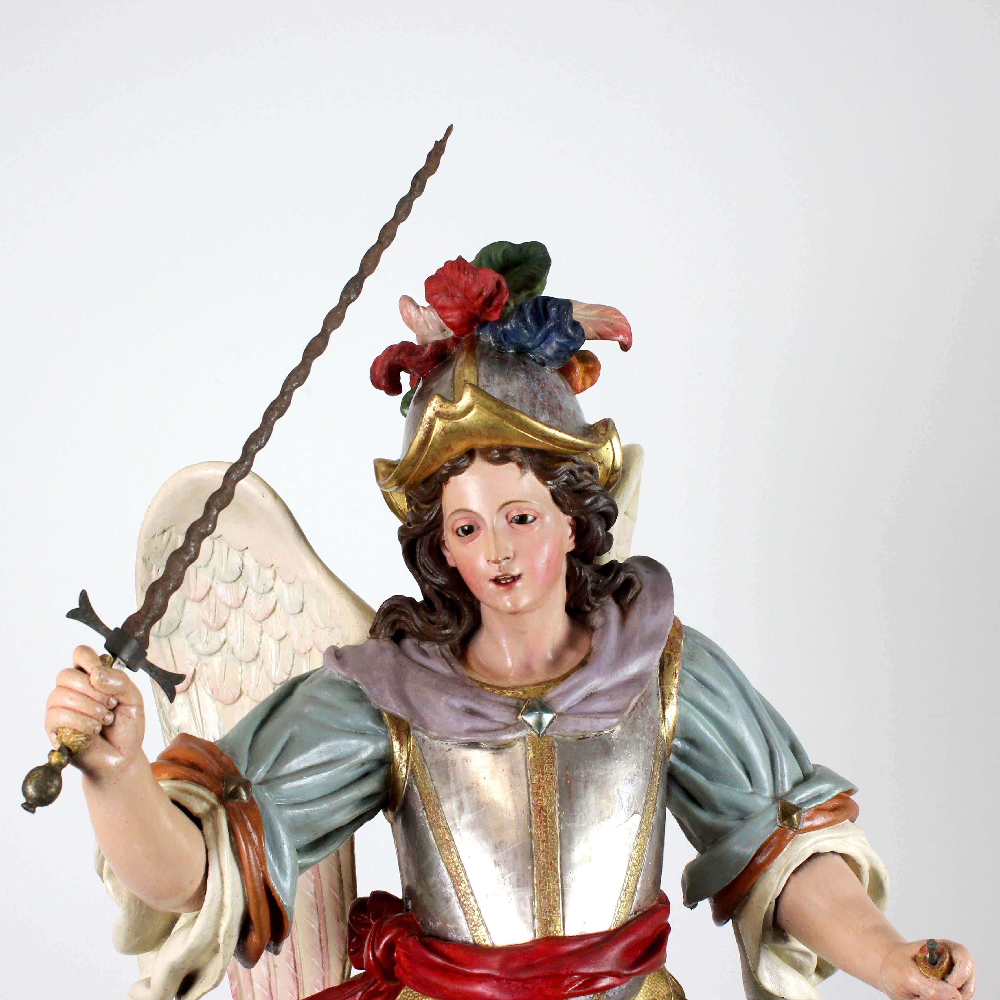 Spanish Saint Michael the Archangel, polychrome carved wood, attributed to L.S. Carmona For Sale