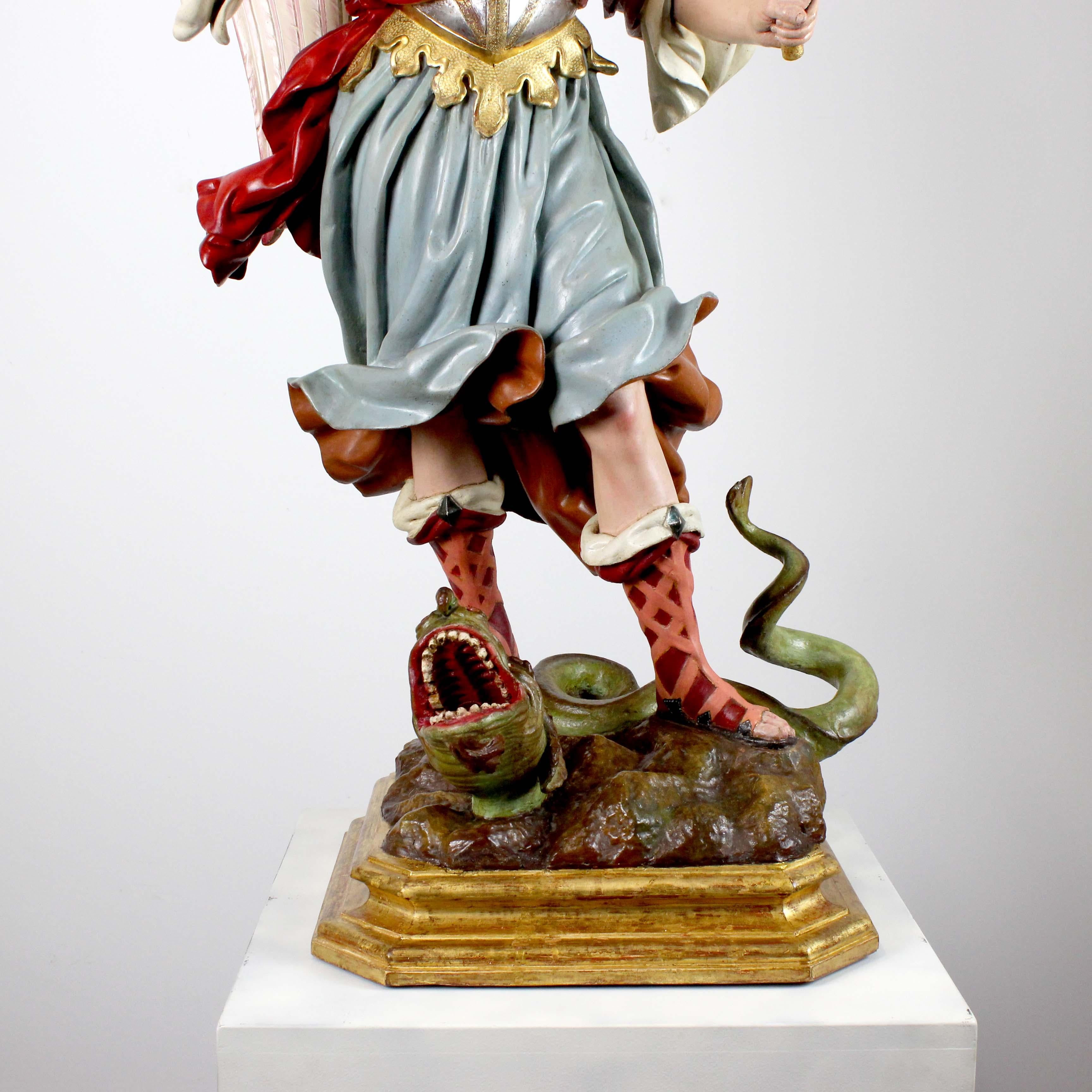 Saint Michael the Archangel, polychrome carved wood, attributed to L.S. Carmona In Good Condition For Sale In Madrid, España