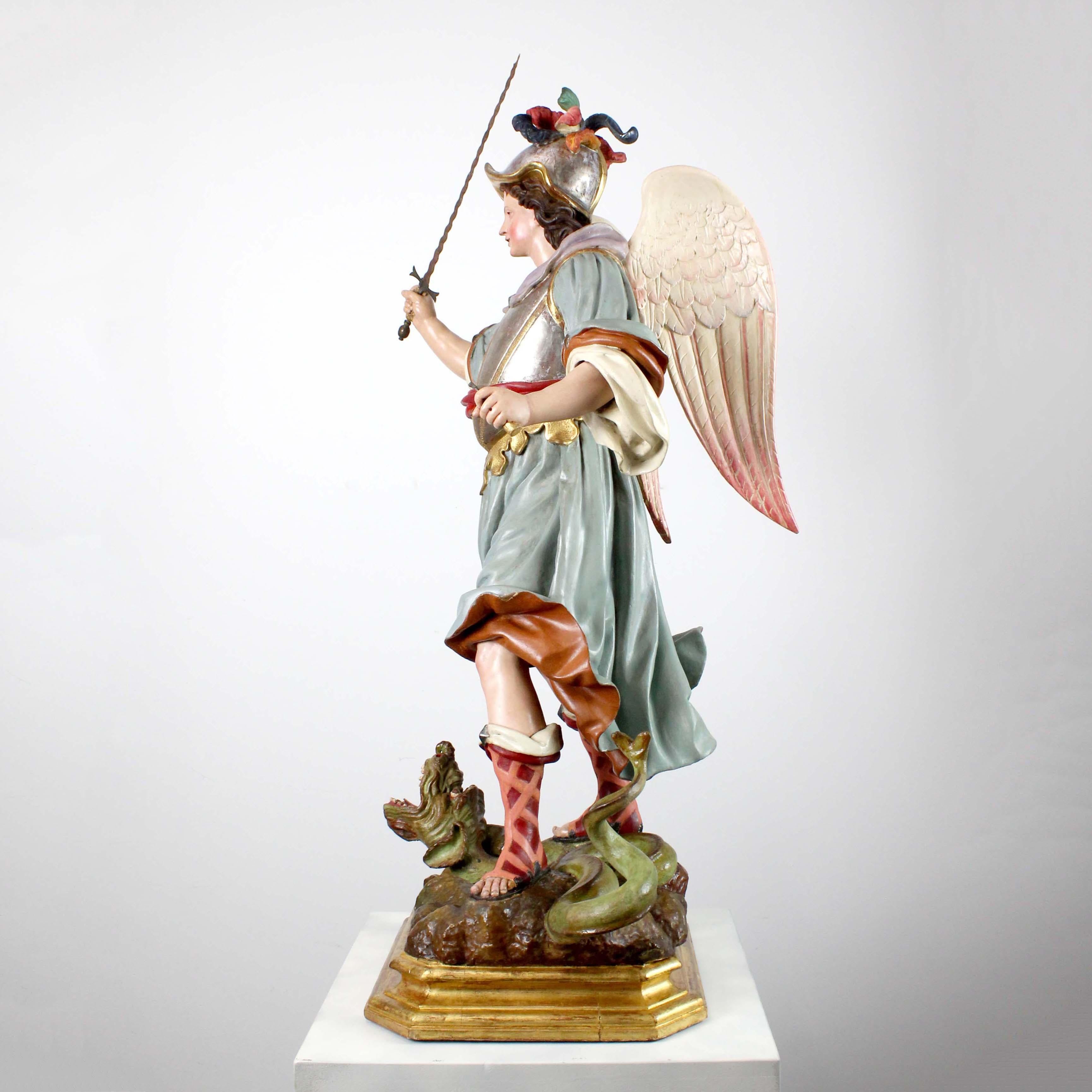 18th Century Saint Michael the Archangel, polychrome carved wood, attributed to L.S. Carmona For Sale