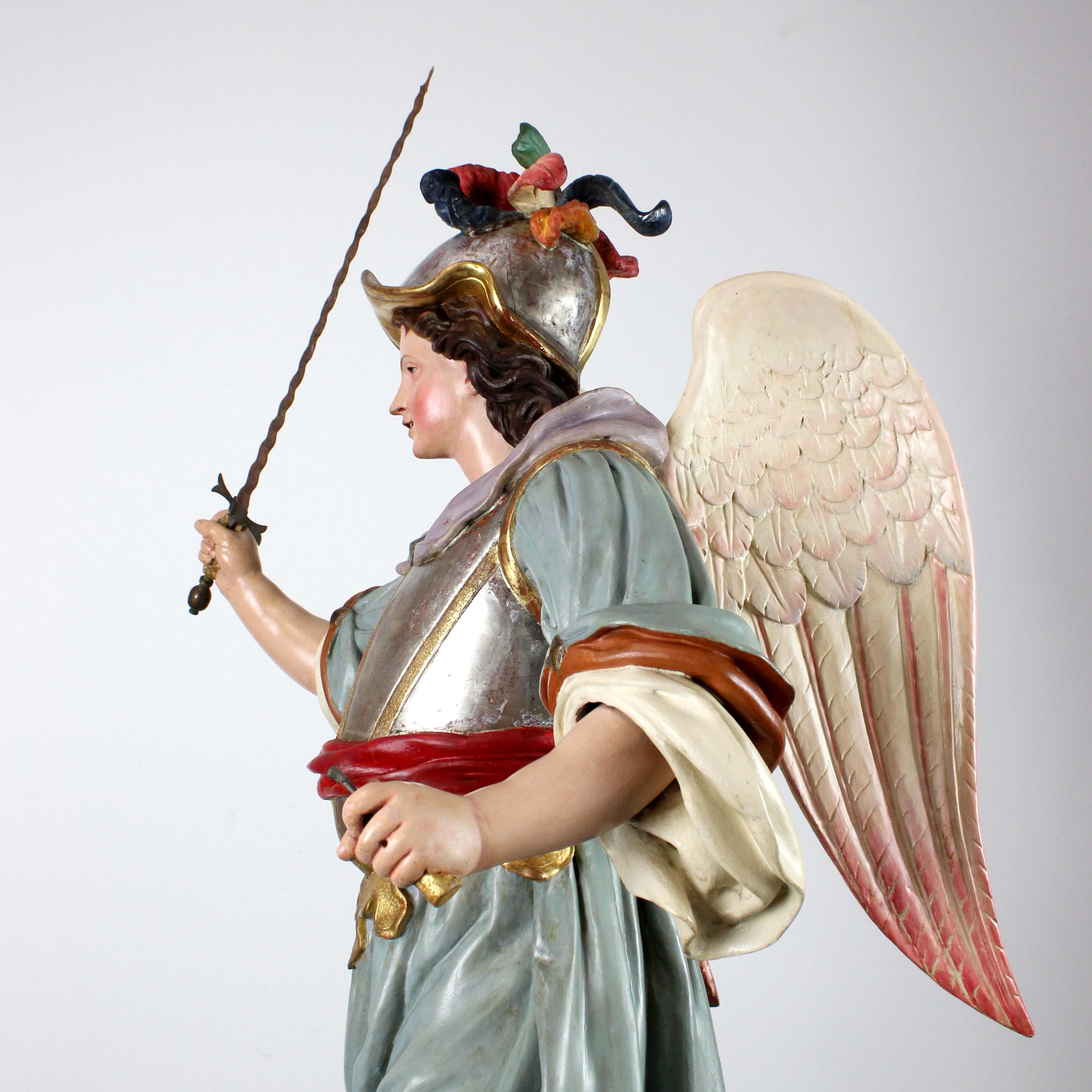 Wood Saint Michael the Archangel, polychrome carved wood, attributed to L.S. Carmona For Sale