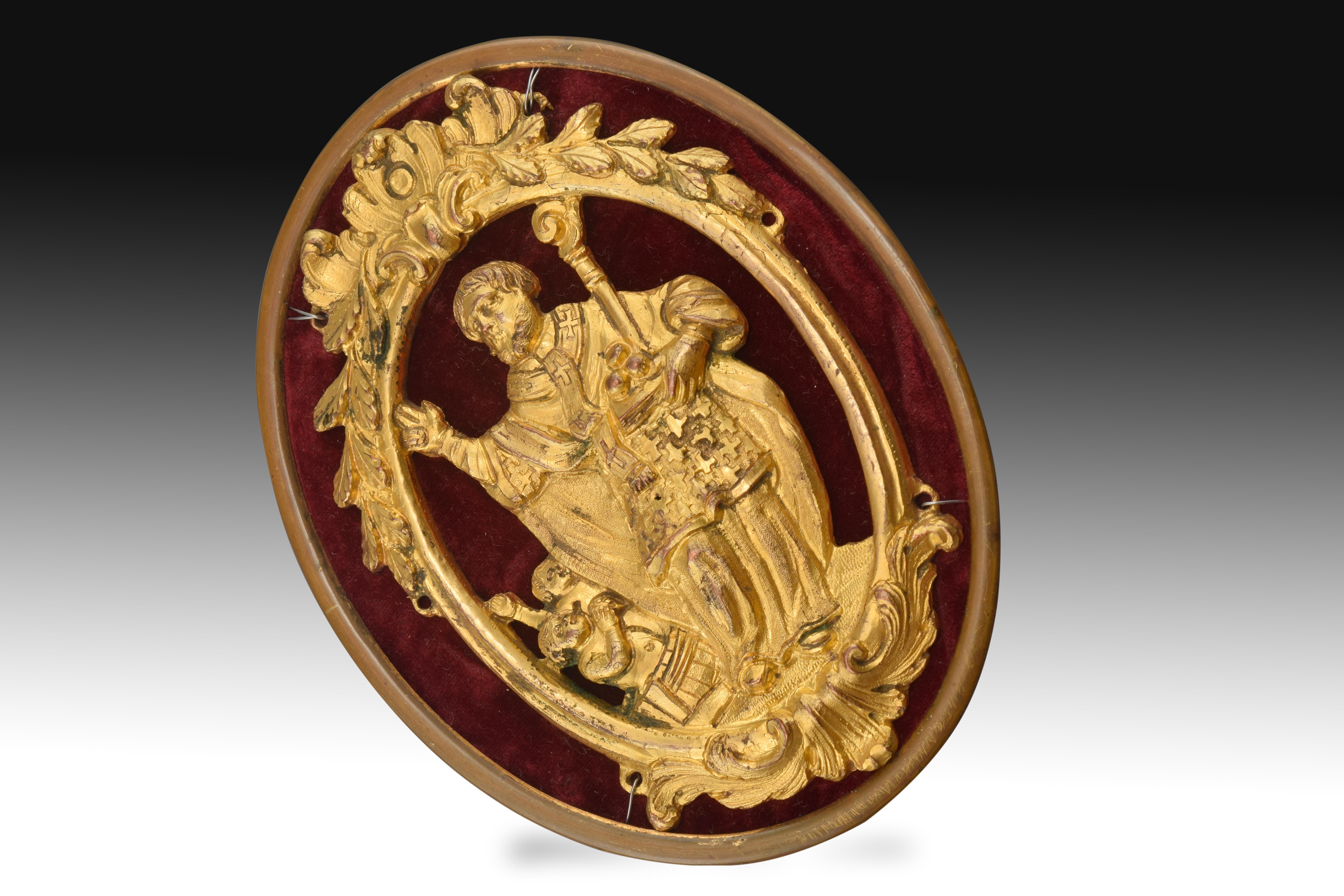 Neoclassical Saint Nicholas Devotional Pendant on Support, Bronze, Textile, 18th Century For Sale