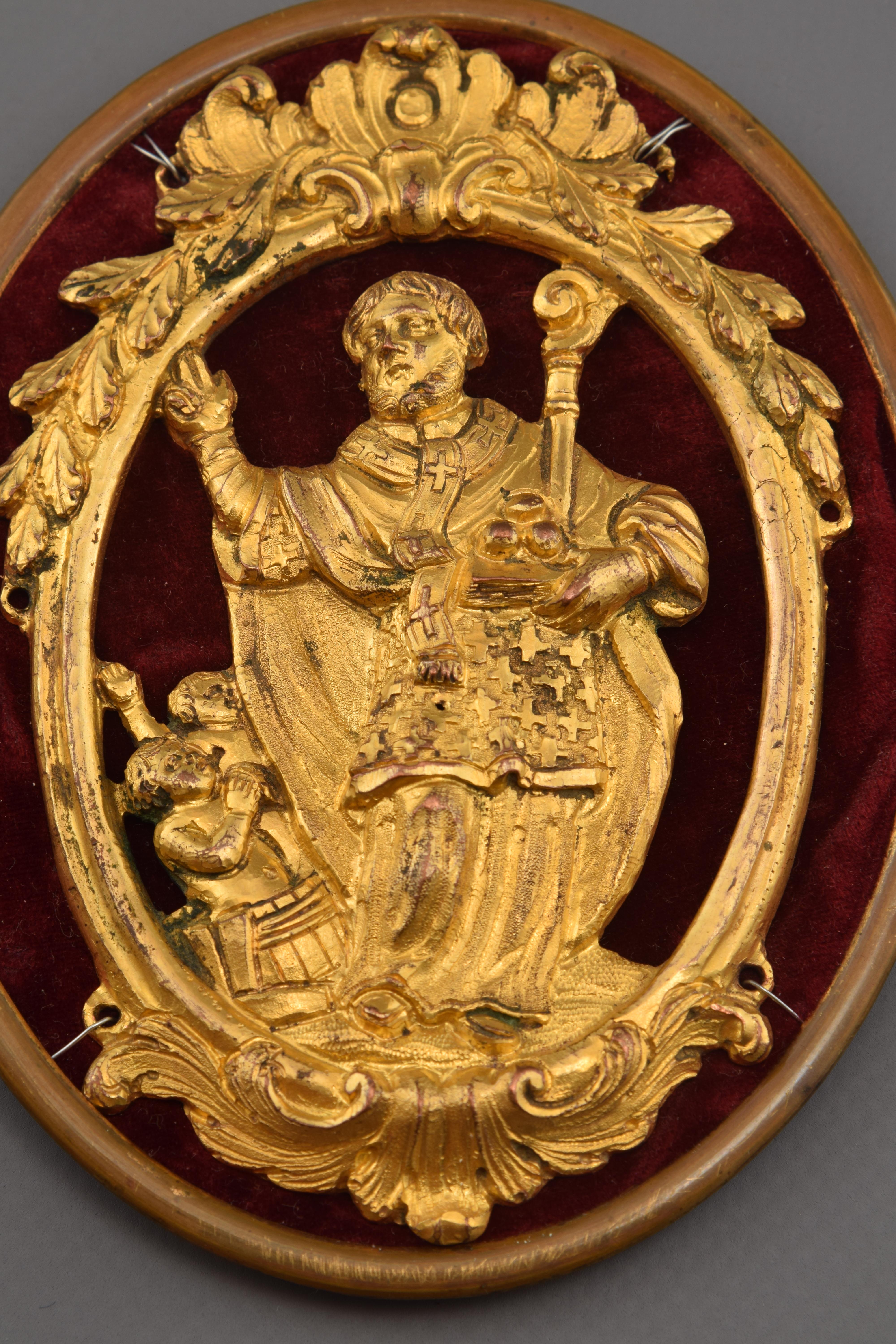 European Saint Nicholas Devotional Pendant on Support, Bronze, Textile, 18th Century For Sale