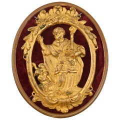 Antique Saint Nicholas Devotional Pendant on Support, Bronze, Textile, 18th Century