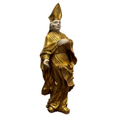 Saint Nicholas of Bari Handcarved Sculpture with Gold Leaf, France, 19th Century