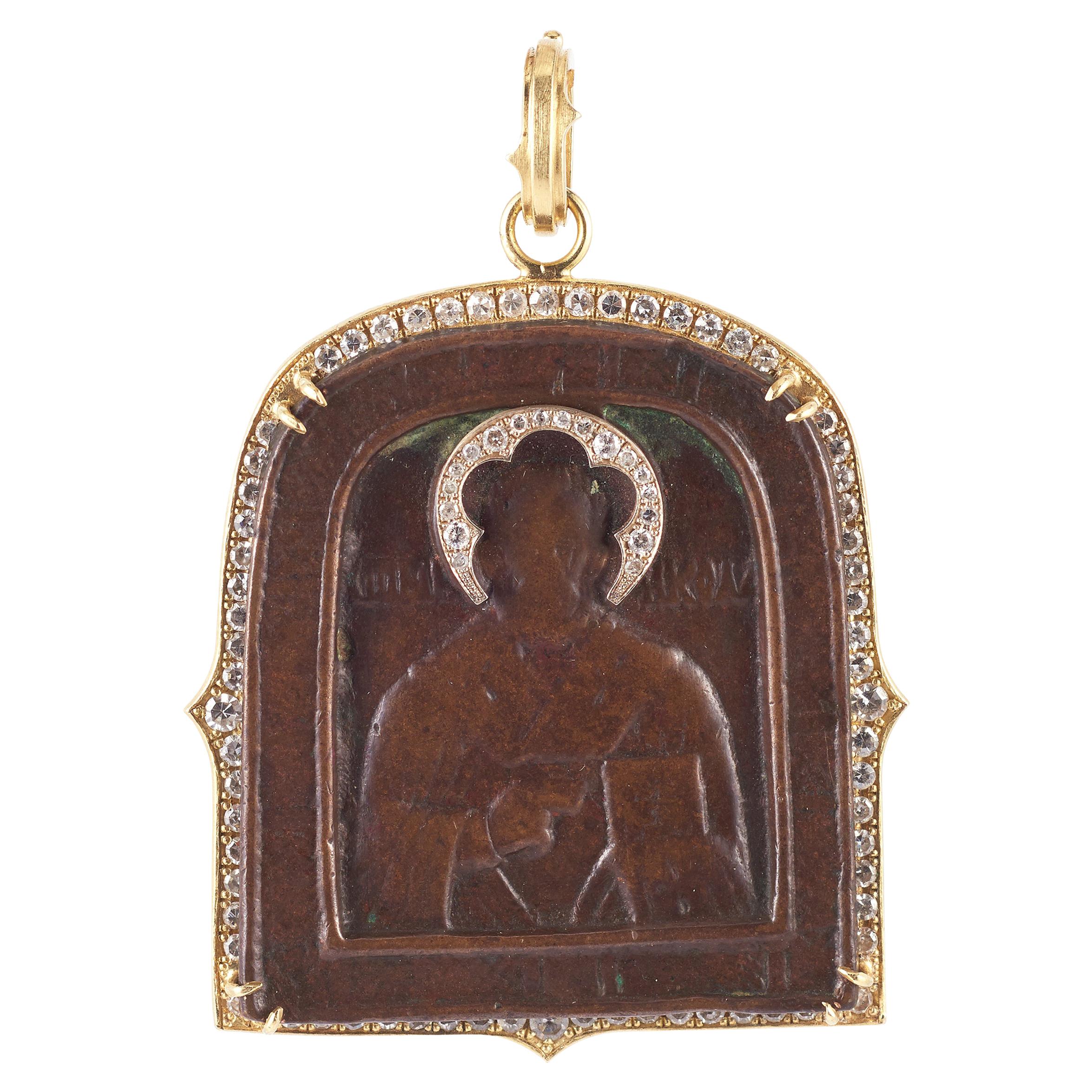 Saint Nicholas "Wonder Worker" Russian Icon Pendant, 18th Century w/ Diamond For Sale