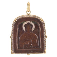 Antique Saint Nicholas "Wonder Worker" Russian Icon Pendant, 18th Century w/ Diamond