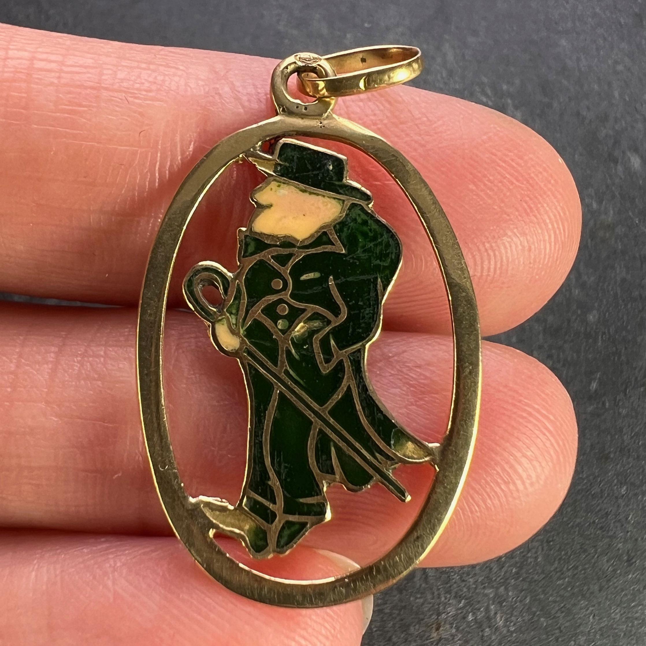 Women's or Men's Saint Patrick Ireland Green Man Enamel 18K Yellow Gold Charm Pendant For Sale