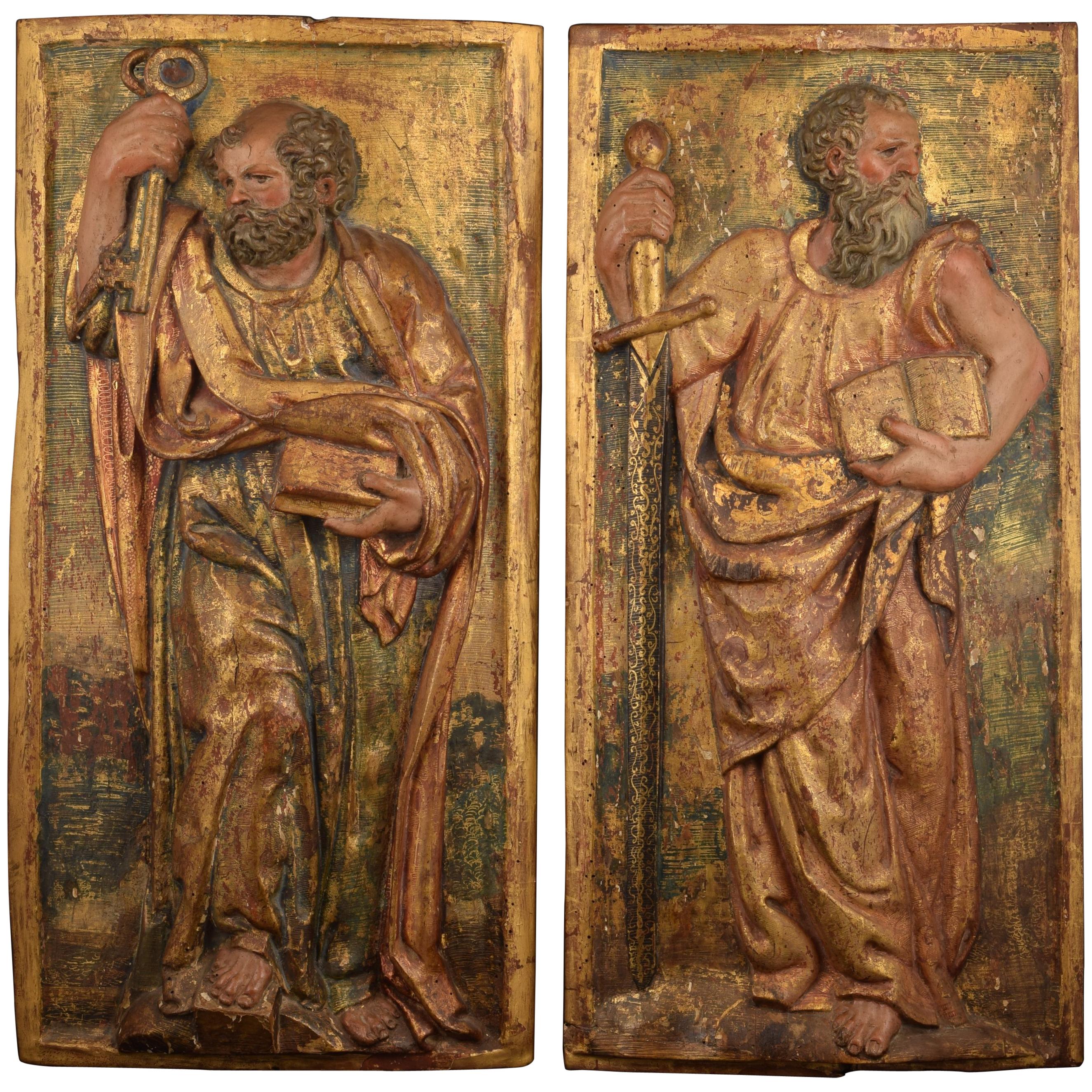 “Saint Peter” and “Saint Paul”, Polychromed Wood Relief, Spain, 16th Century