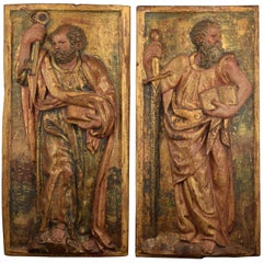 Antique “Saint Peter” and “Saint Paul”, Polychromed Wood Relief, Spain, 16th Century