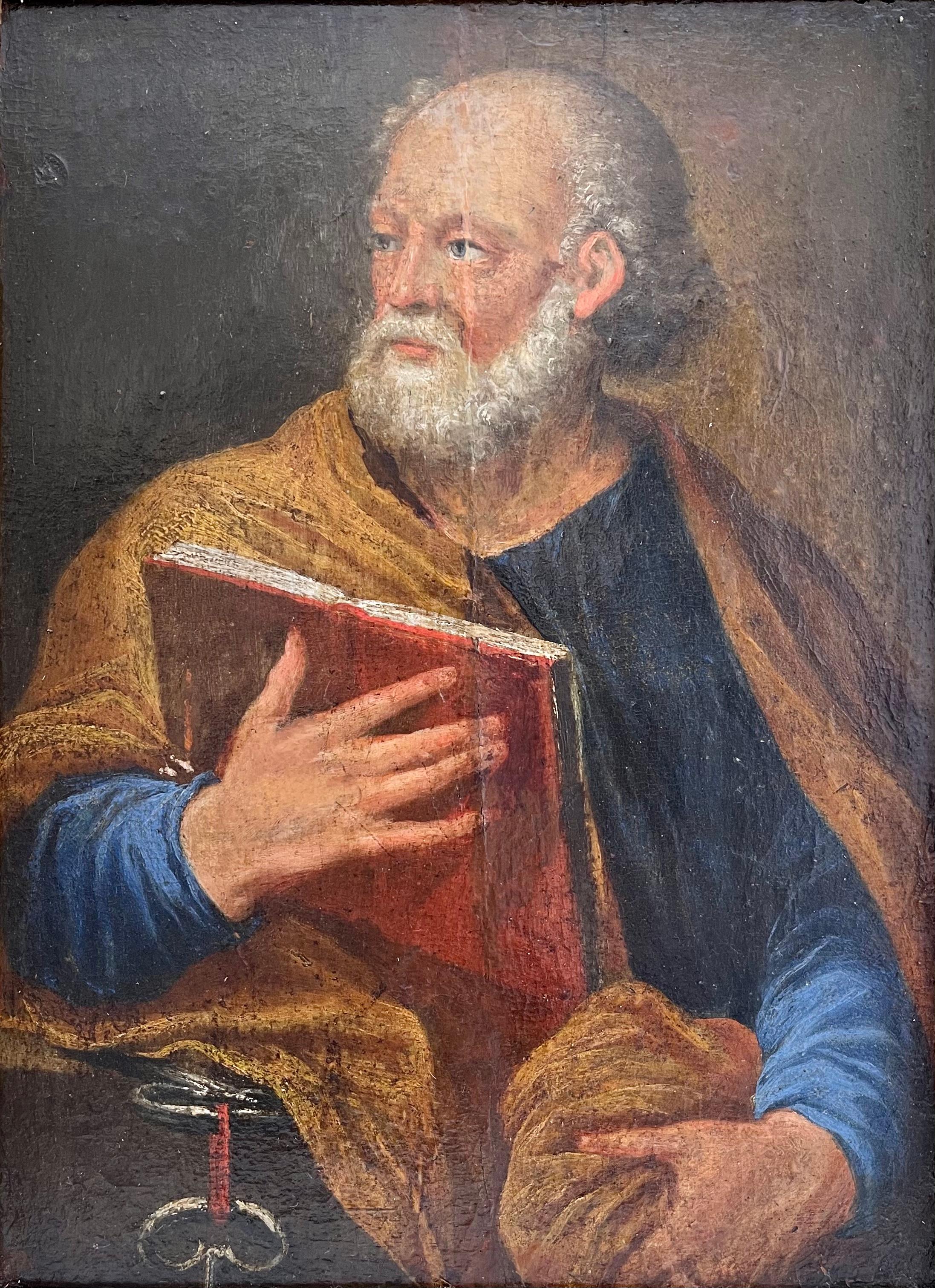 Portrait of Saint Peter, oil on wood panel with attractive gilded frame. 
** Saint Peter, whose real name is Simon Bar-Jona according to the testimony of the Gospels, also called Kephas or Simon-Peter, is a Jew from Galilee or Gaulanitide known to
