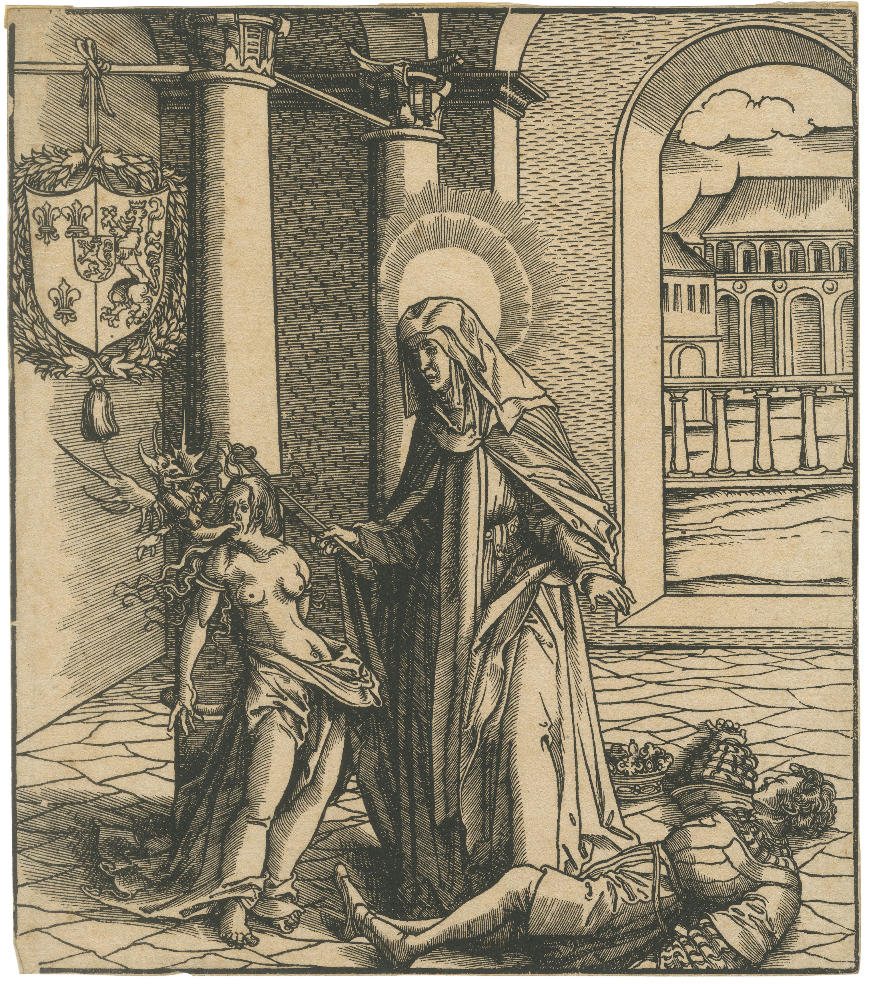 Saint Radegonde Exorcising a Demon – Burgkmair Circle, c.1516 Woodcut For Sale