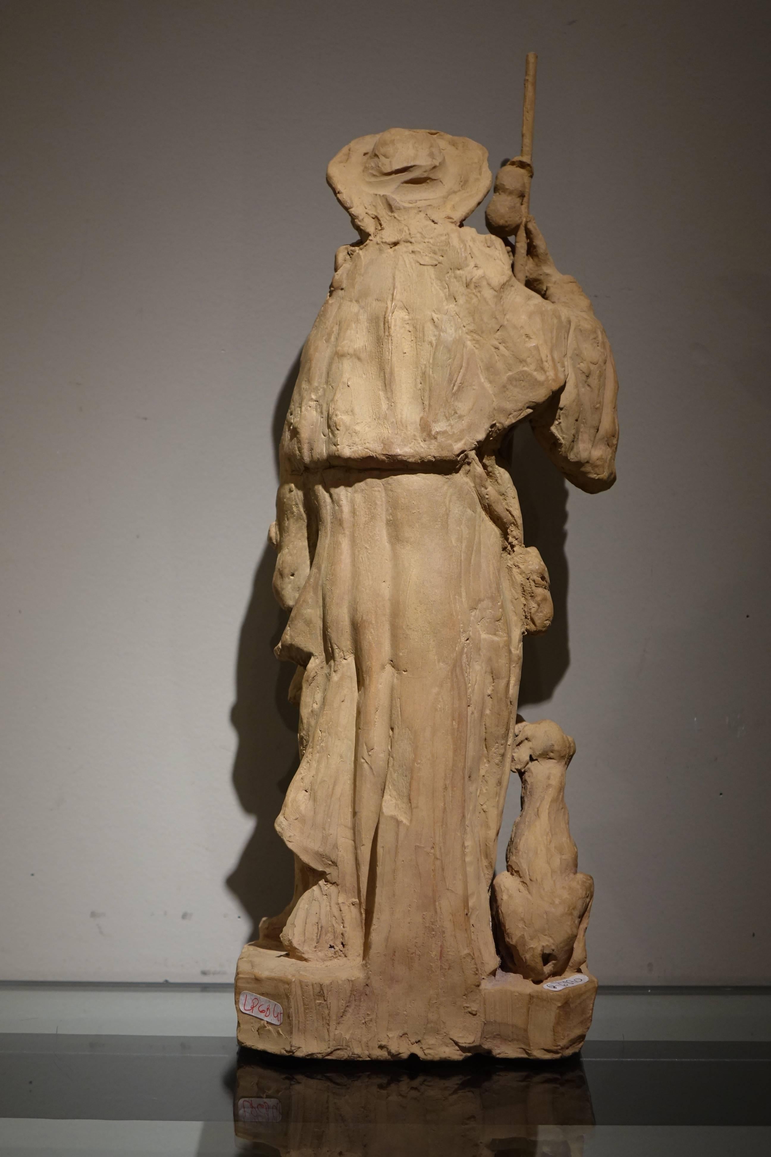 Hand-Carved Saint Roch or Rocco, Unique Original Terracotta Statue, France, 18th Century