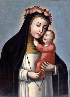 Saint Rose of Lima Oil on Canvas 19th Century South American Painting Silver