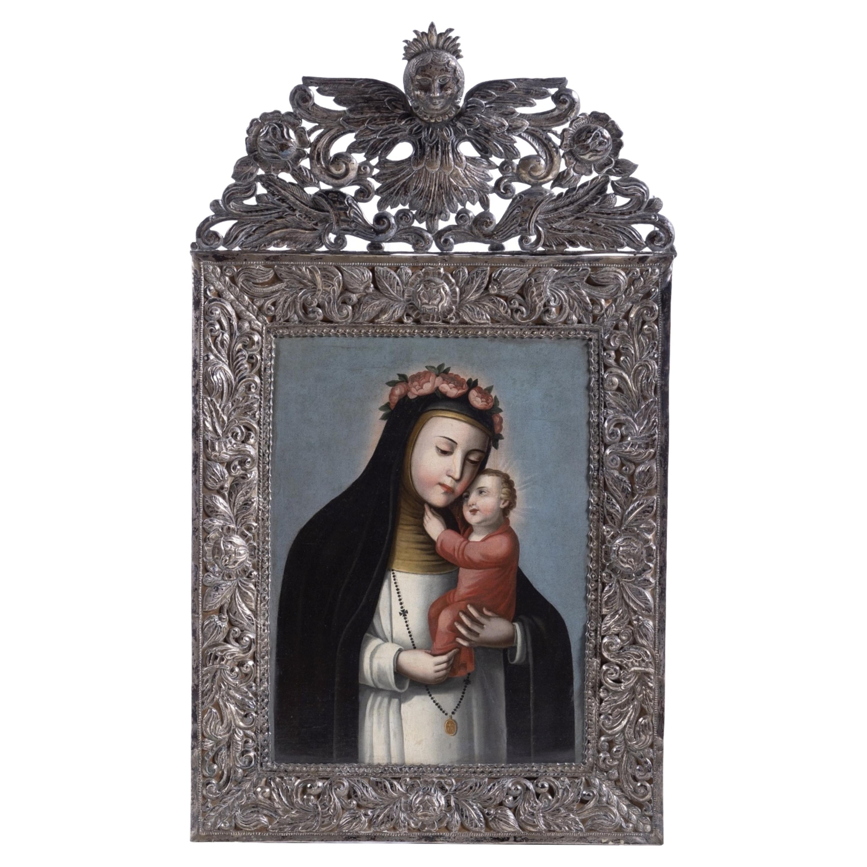 Saint Rose of Lima Oil on Canvas 19th Century South American Painting Silver