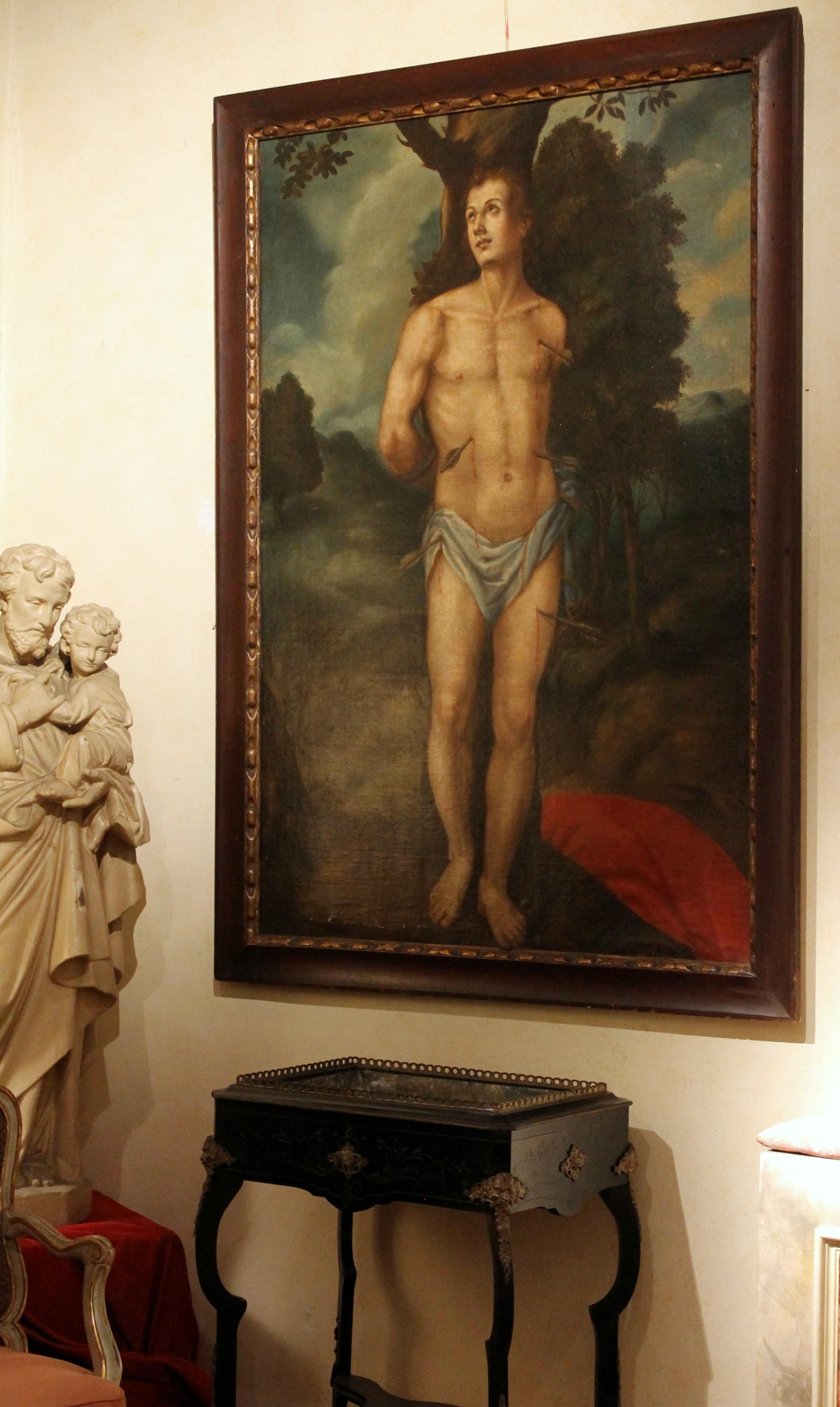 Saint Sebastian Spanish School 17th Century Oil on Canvas Religious Painting In Good Condition In Firenze, IT