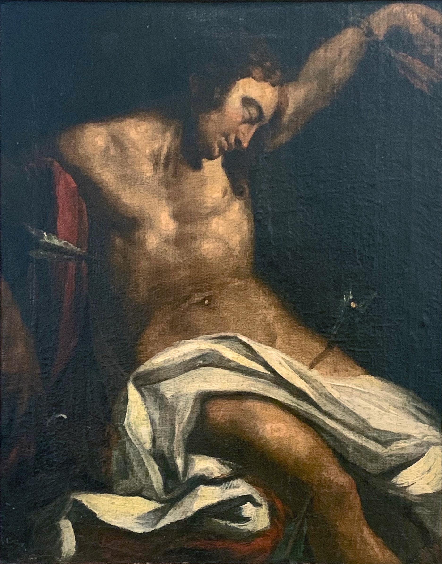 Quiet and at peace, with almost a smile on his face, the expired Saint Sebastian depicted here -- in the nude, as is customary, and wounded with multiple arrows -- probably dates to the early to mid-19th century, given the subject's hair and facial