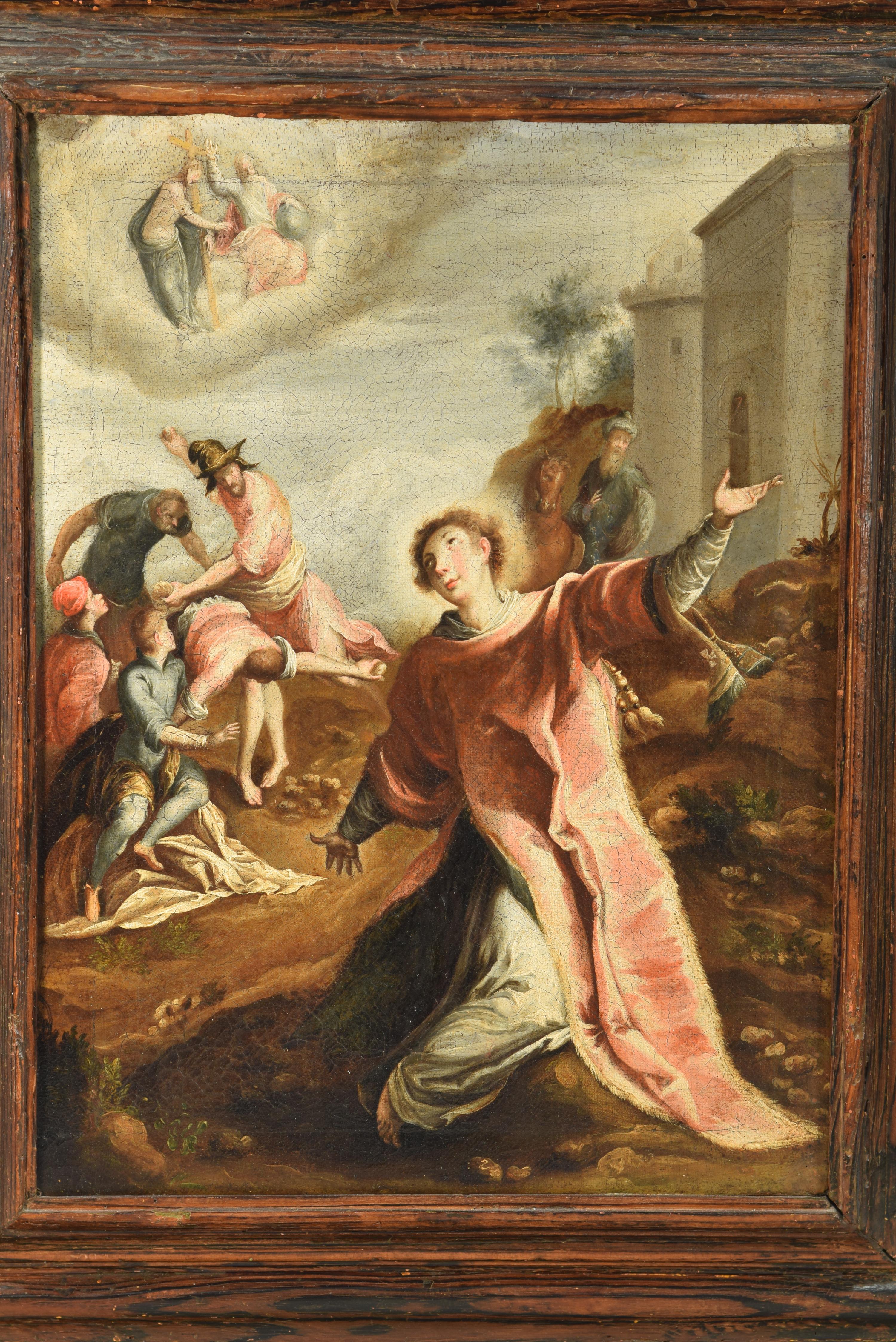 Saint Stephen. Oil on canvas. 17th century, following Aegidius Sadeler's engraving (inspired by Jacopo Palma). 
 The figure of the Saint appears in the foreground, with his arms raised to heaven; To the left of the spectator, the martyrdom of Saint