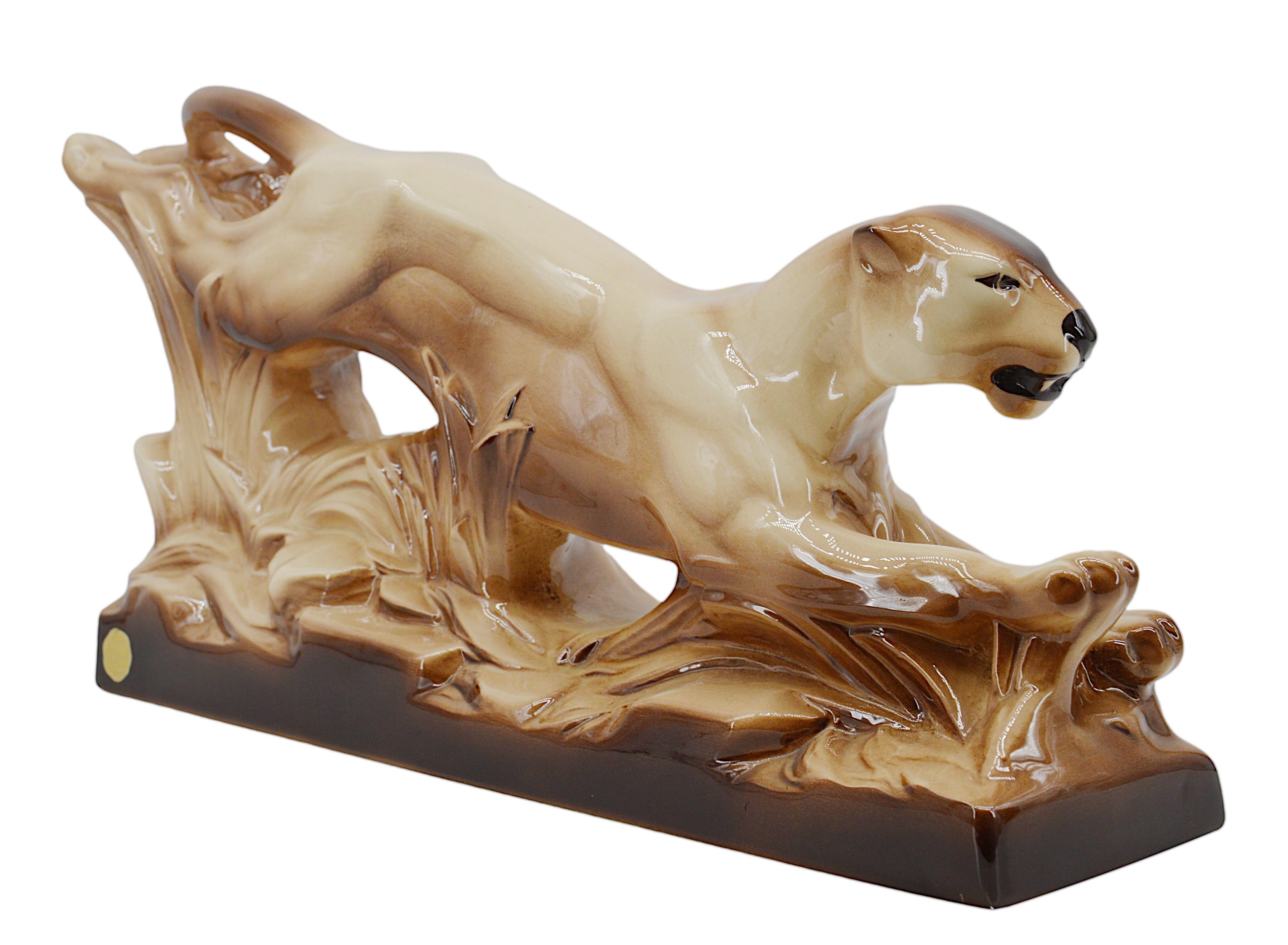 Sainte-Radegonde French Art Deco Ceramic Panther, 1920 In Excellent Condition For Sale In Saint-Amans-des-Cots, FR
