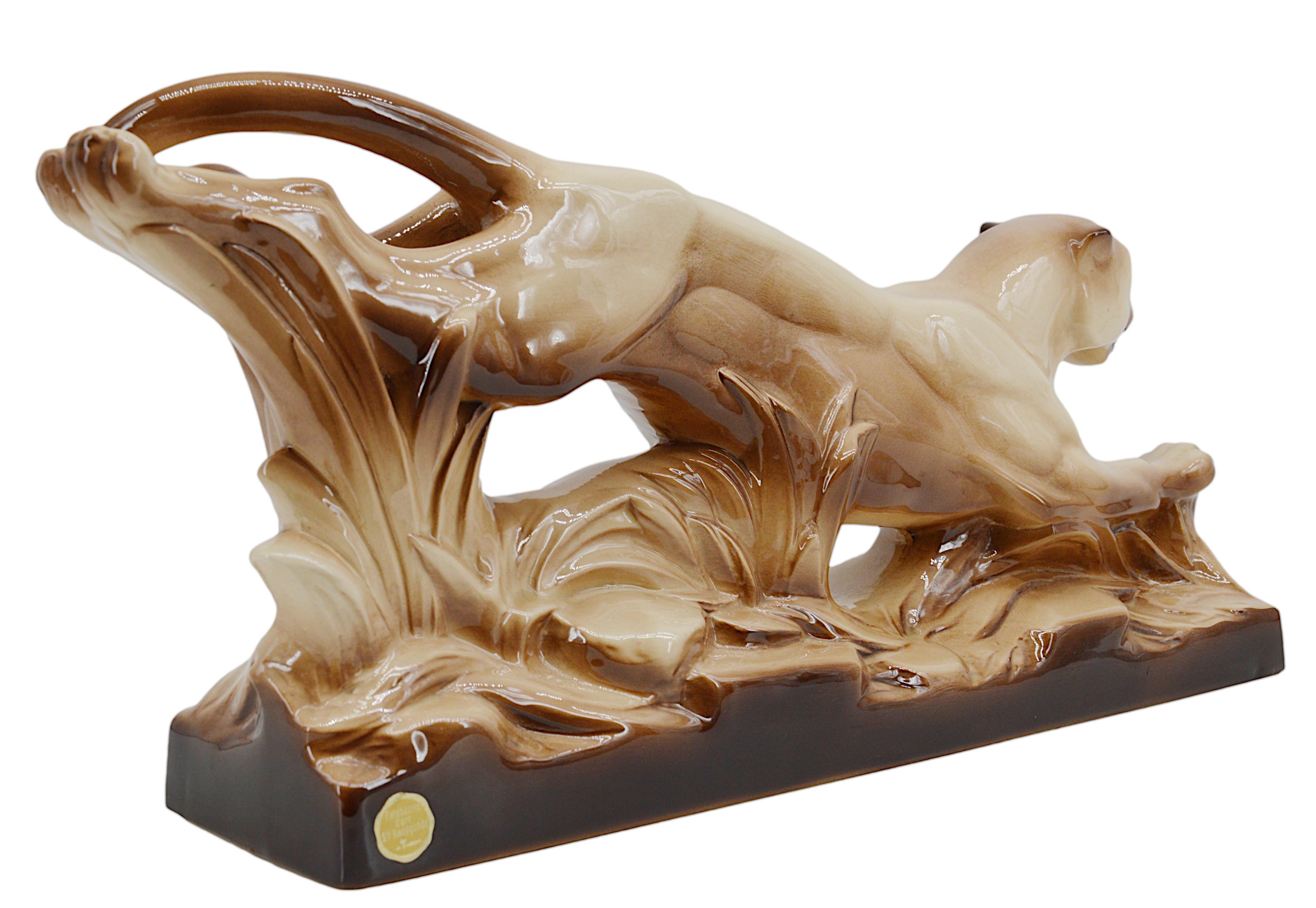 Early 20th Century Sainte-Radegonde French Art Deco Ceramic Panther, 1920 For Sale