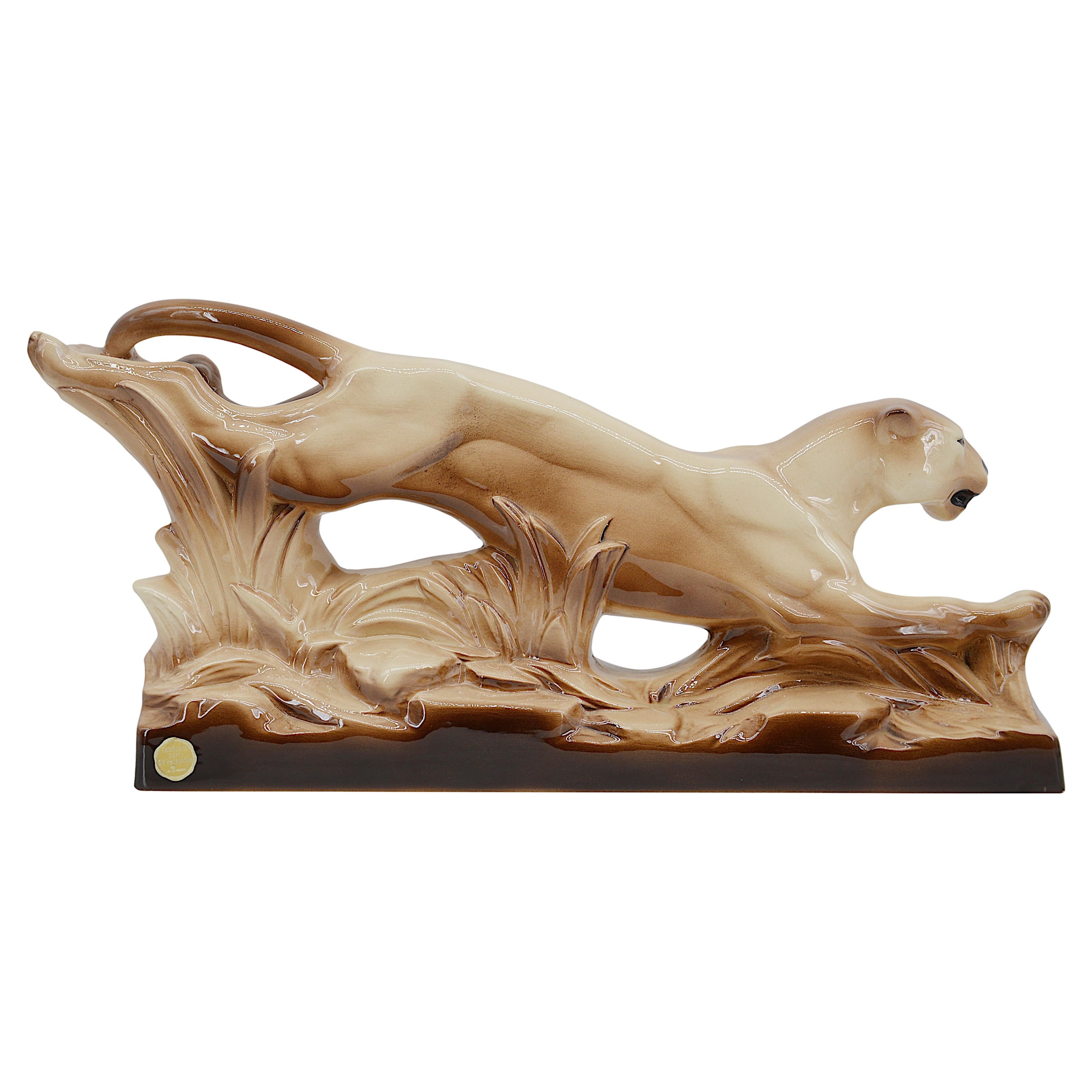 Pantera de cerámica francesa art déco Sainte Radegonde, 1920