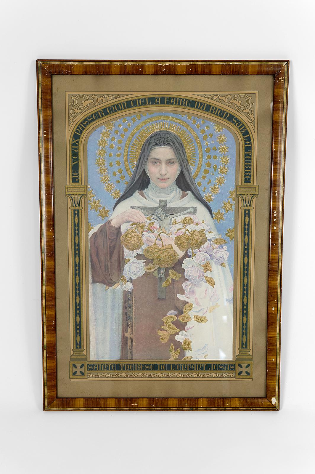 Hervorragende Lithografie mit Rahmen zum Thema Christentum, die eine Nonne im Karmeliterkleid mit Heiligenschein darstellt, die einen gekreuzigten Christus und einen Strauß weißer und goldener Rosen in den Händen hält. Auf der linken Seite ist auch