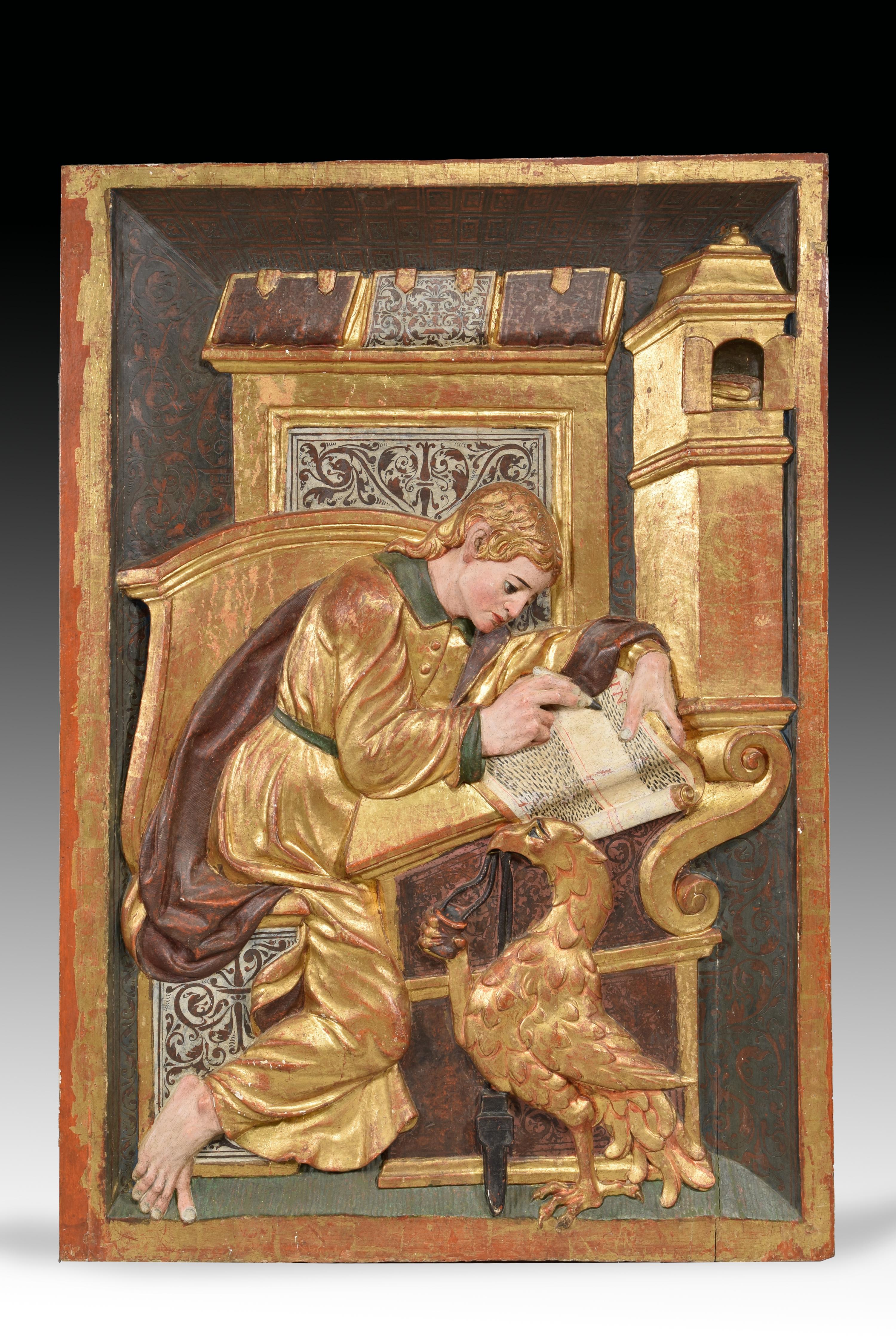 Pair of reliefs, San Juan and San Mateo. Polychrome wood. Possibly, Burgos school, 16th century.
 Pair of carved and polychrome wood reliefs that each show a seated human figure writing, surrounded by books and accompanied by a figure respectively.