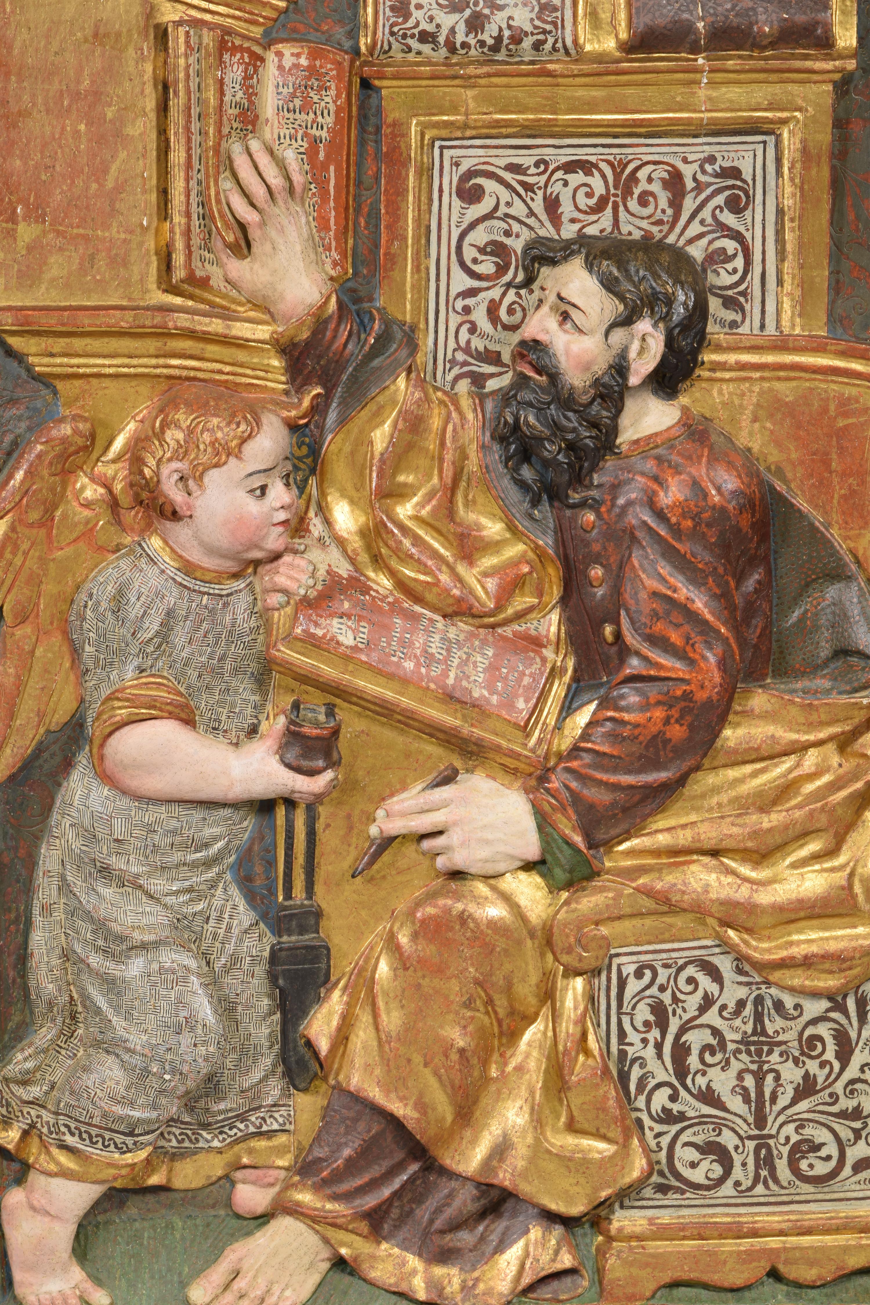Saints John and Matthew, polychromes Holz, möglicherweise, Burgoser Schule, 16. Jahrhundert (18. Jahrhundert und früher) im Angebot
