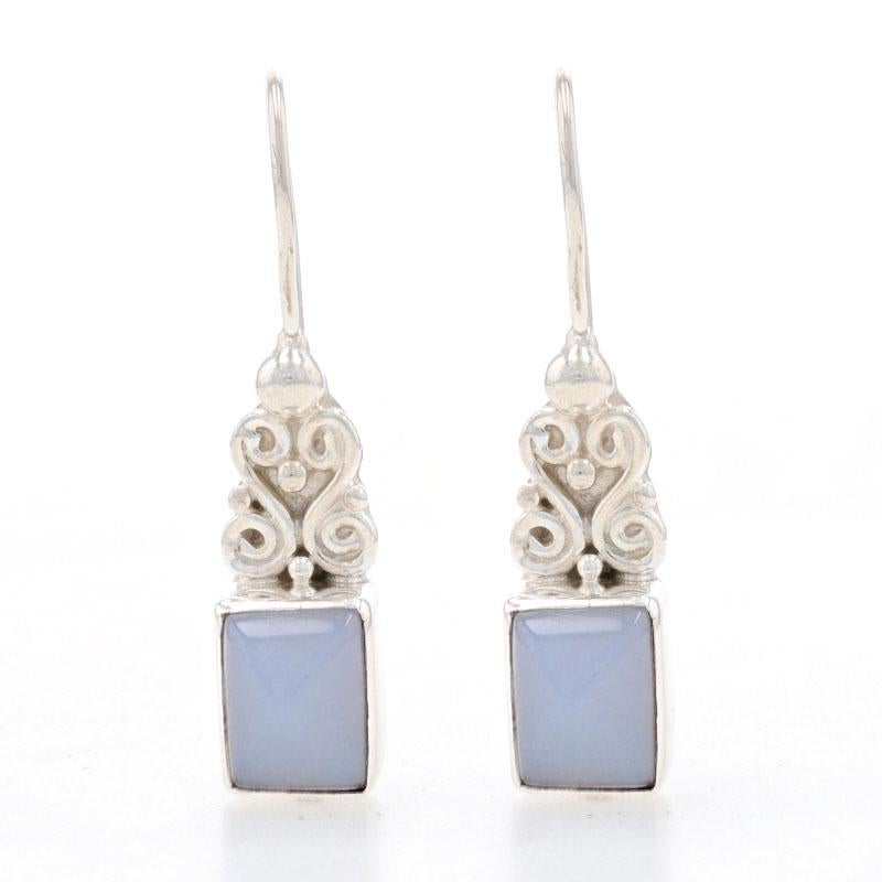 Brand: Sajen

Metal Content: 925 Sterling Silver

Stone Information

Natural Chalcedony
Cut: Rectangular Cabochon

Style: Drop 
Fastening Type: Fishhook Closures with Safety Hooks
Features:  Dot Scroll Detailing

Measurements

Tall: 1 13/32