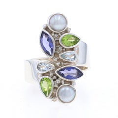 Sajen Perla Iolite Peridoto Acquamarina Cluster Cocktail Anello Bypass -Sterling 925