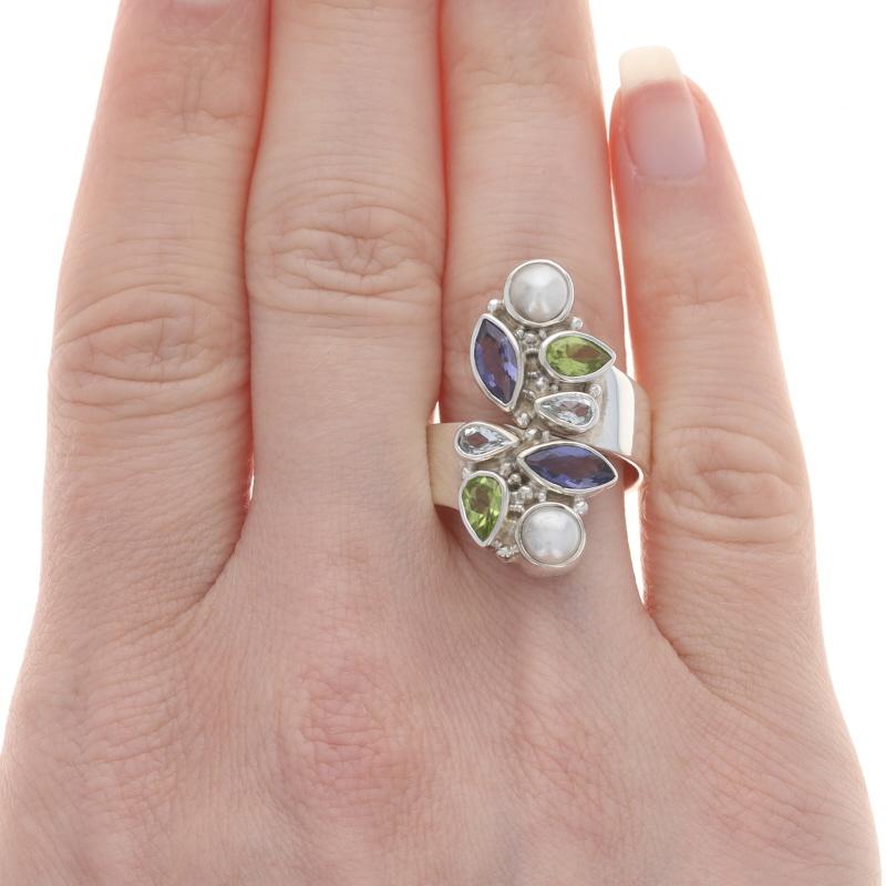 Marquise Cut Sajen Pearl Iolite Peridot Aquamarine Cluster Cocktail Bypass Ring -Sterling 925 For Sale