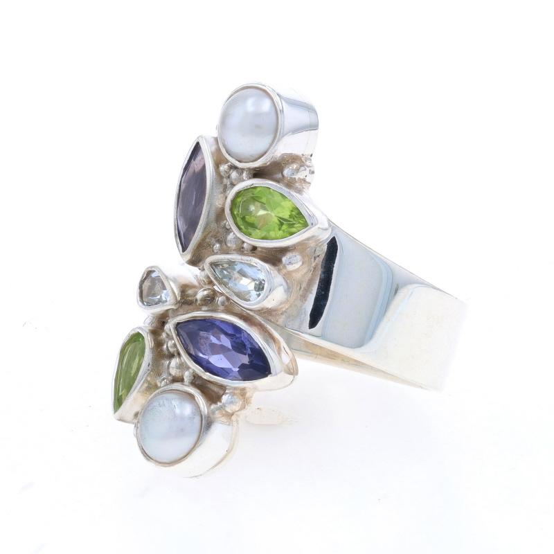 Sajen Pearl Iolite Peridot Aquamarine Cluster Cocktail Bypass Ring -Sterling 925 In Excellent Condition For Sale In Greensboro, NC