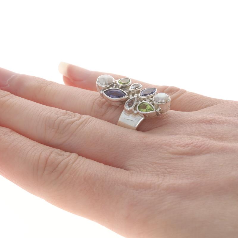 Women's Sajen Pearl Iolite Peridot Aquamarine Cluster Cocktail Bypass Ring -Sterling 925 For Sale