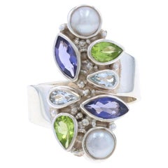Sajen Perla Iolita Peridoto Aguamarina Racimo Cóctel Anillo Bypass -Sterling 925