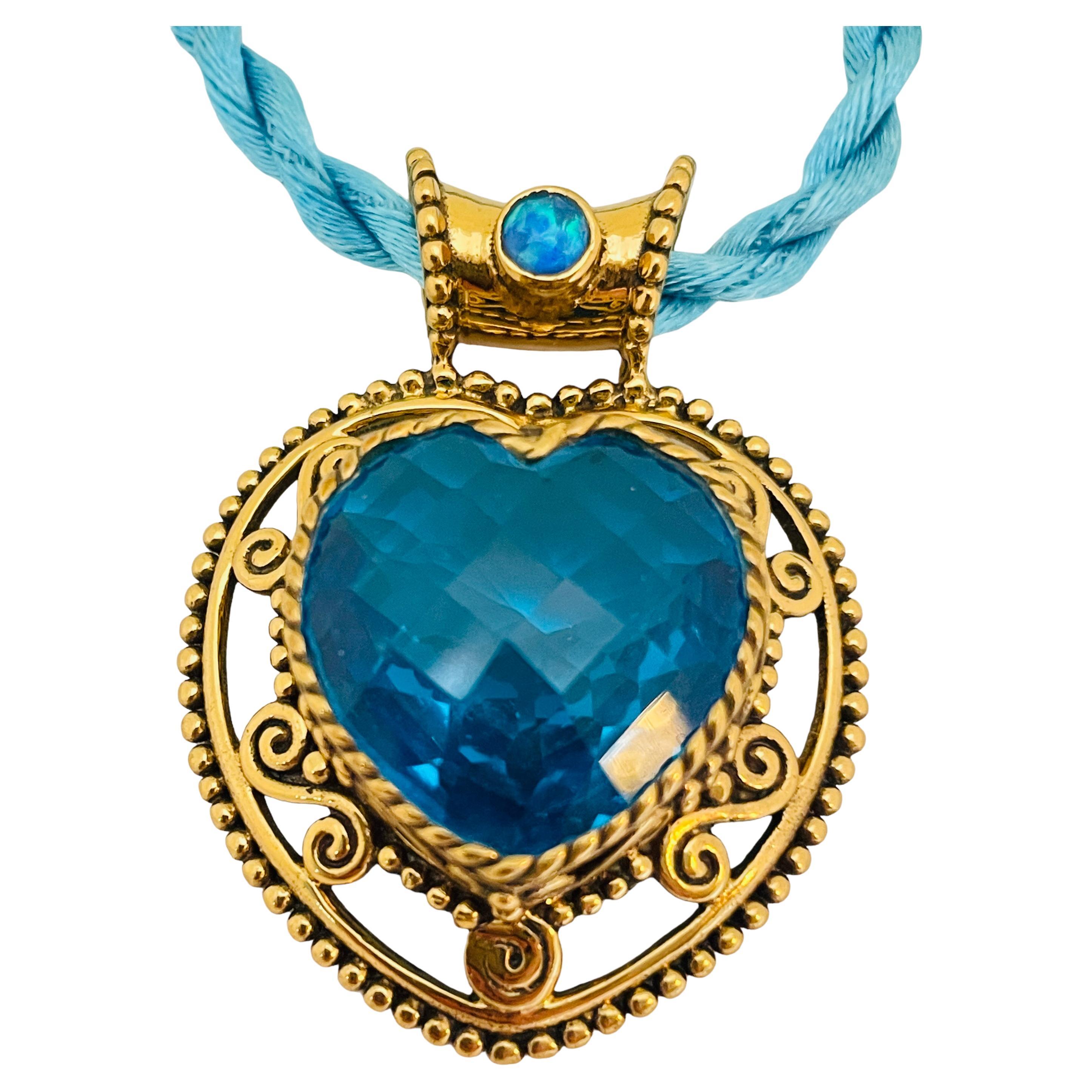 SAJEN signed vintage gold tone glass blue heart designer necklace