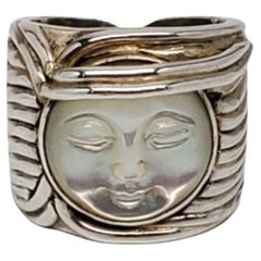 Vintage SAJEN Sterling Silver Carved Moon Face Ring Size 5.5 #17548