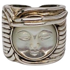 Vintage SAJEN Sterling Silver Carved Moon Face Ring Size 5.5 #19792